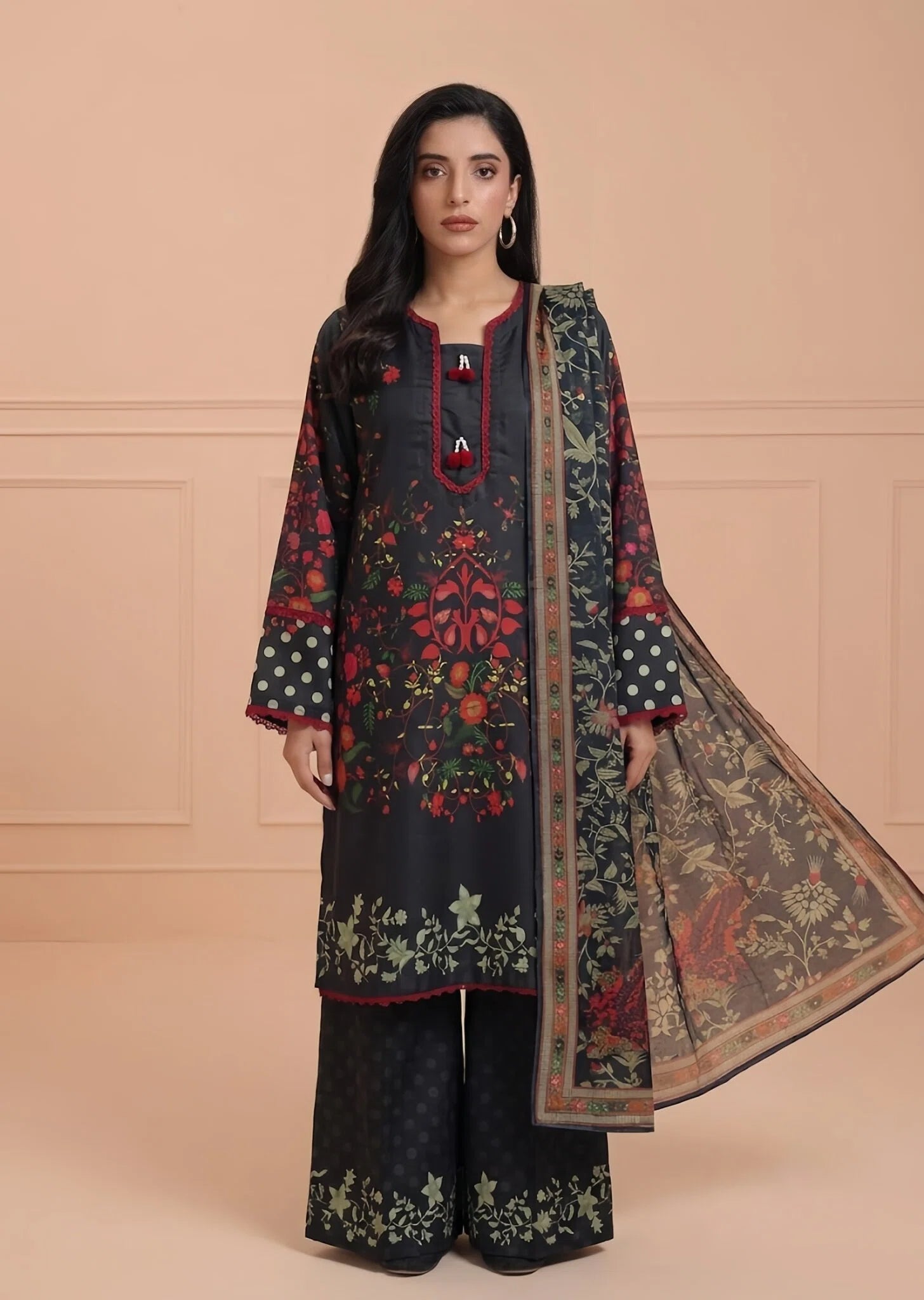 poly lawn Kurta Set in Black