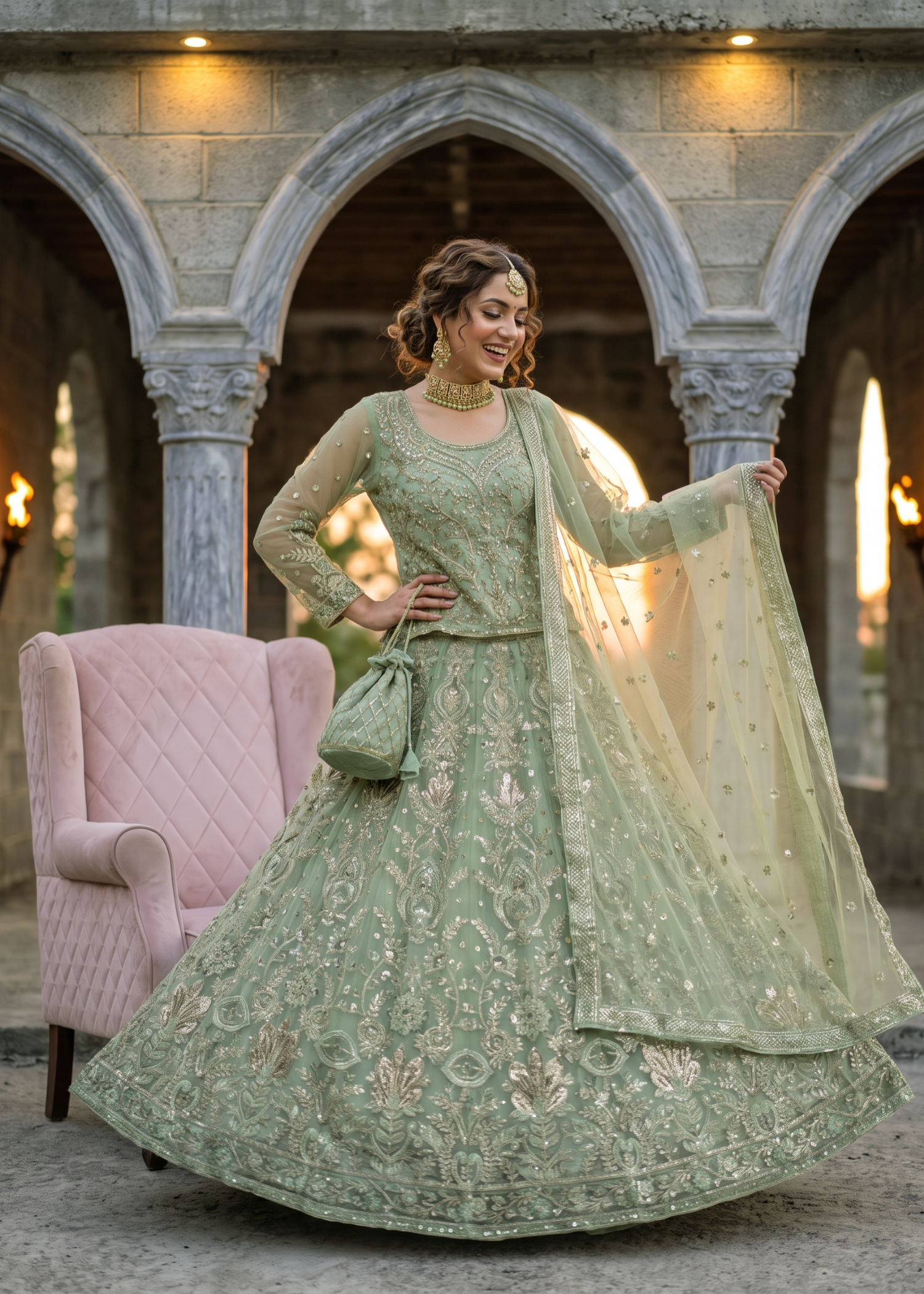 net Lehenga in Pistachio green