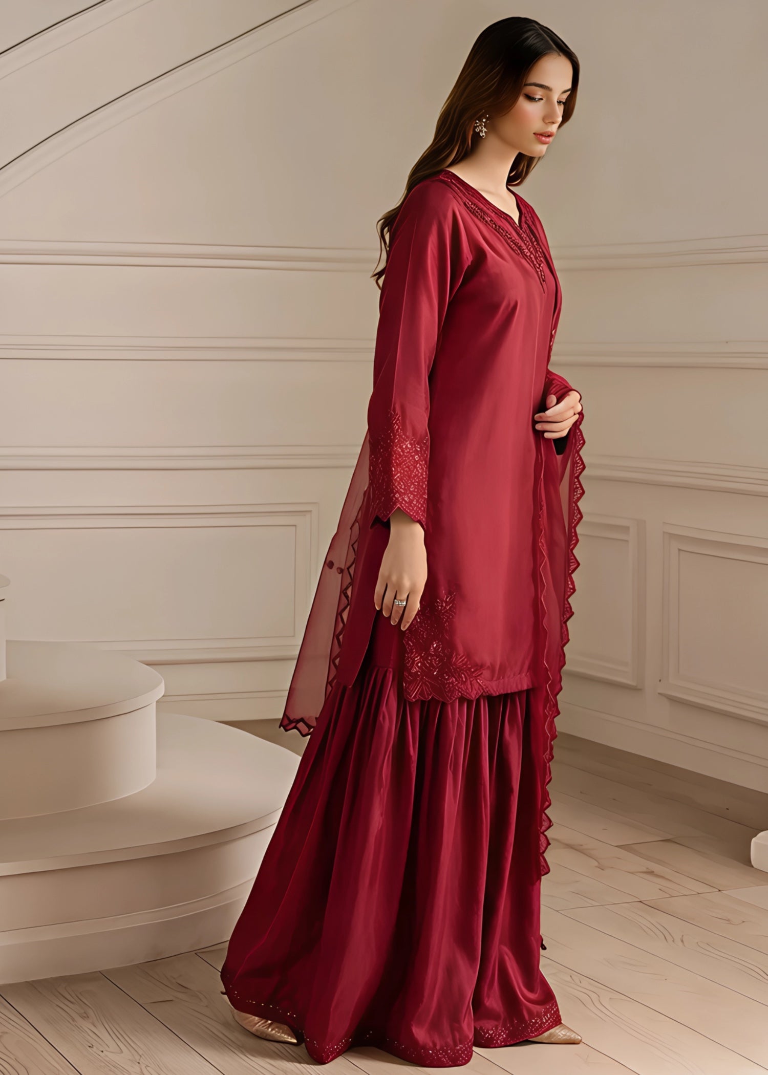 silk Sharara in Maroon