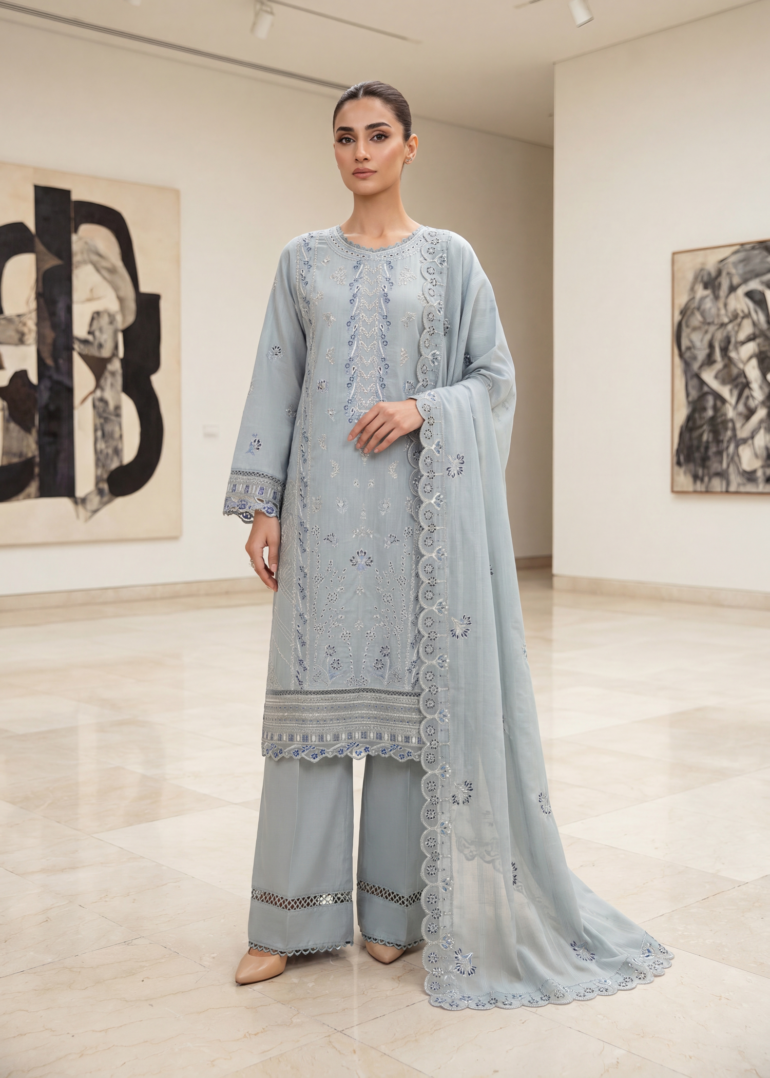 slub lawn Kurta Set in Steal grey
