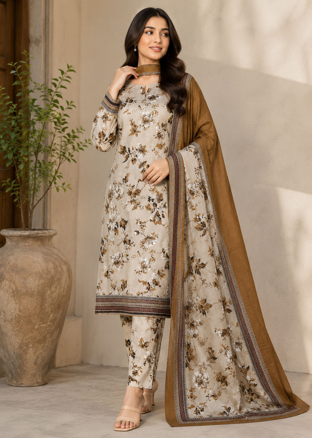 cotton Unstitched in Beige, walnut brown