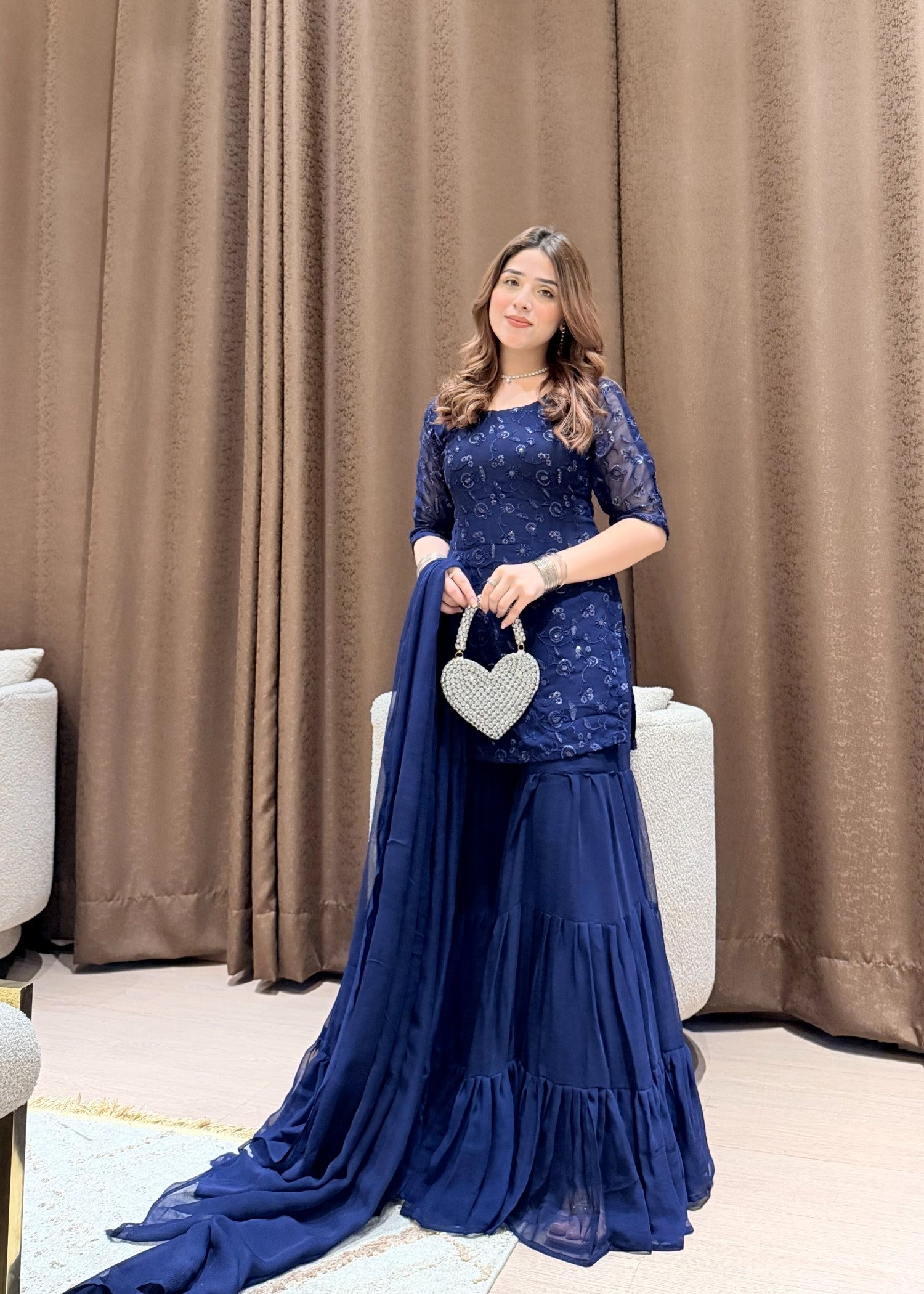 bemberg crinkle chiffon Gharara in Navy blue