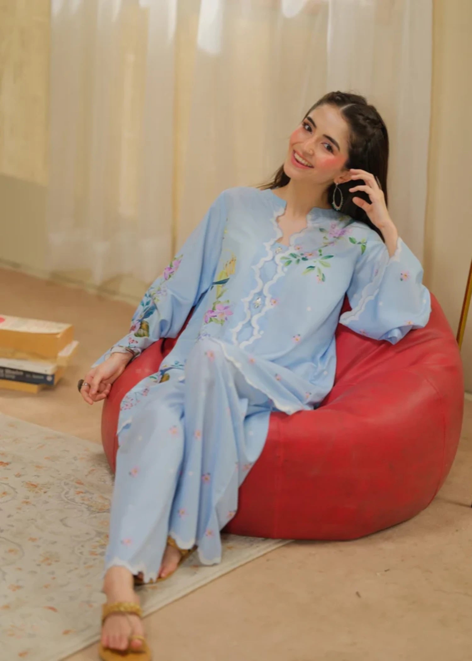 cambric Kurta Set in Light blue