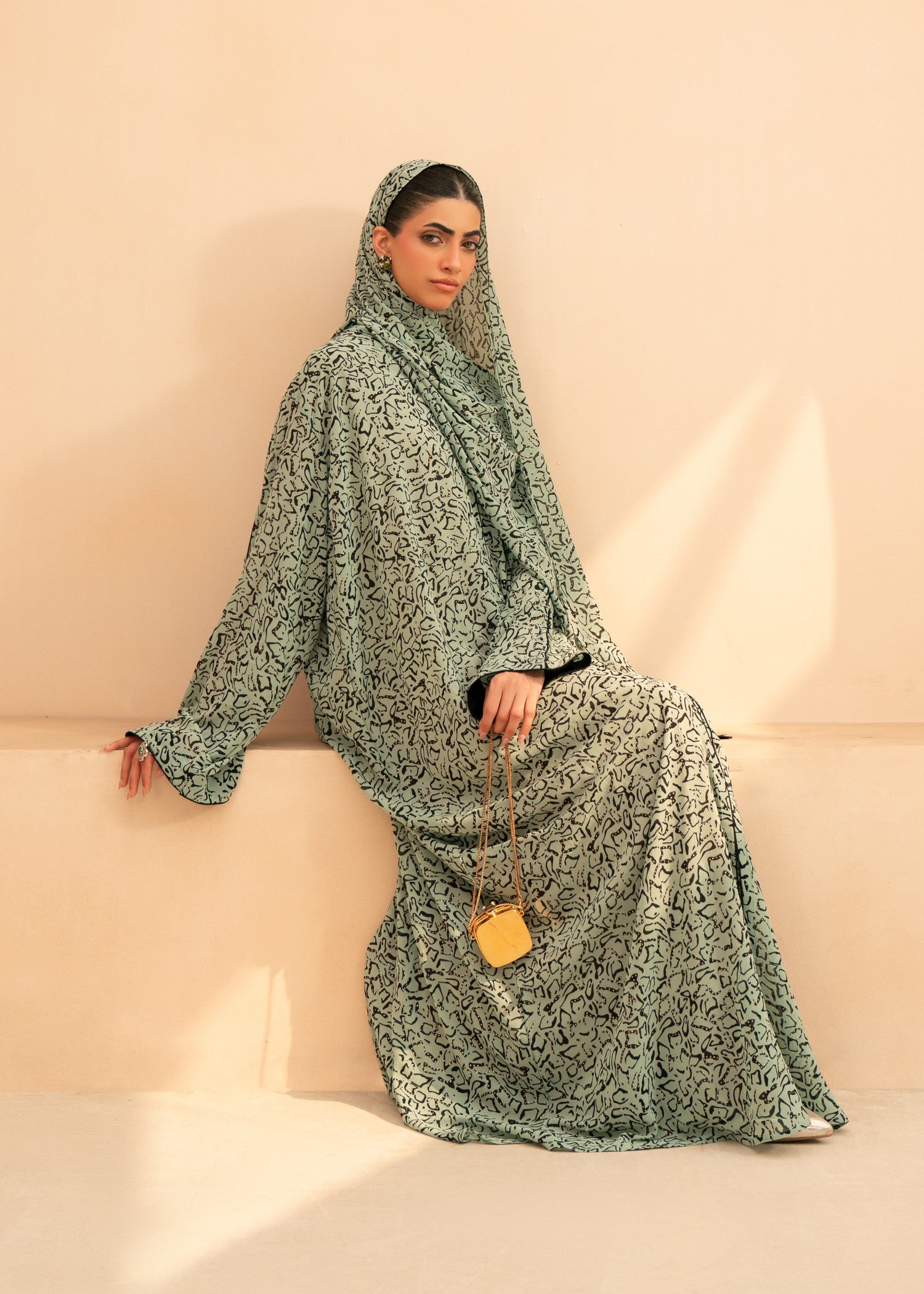 chiffon Abaya in Black, sage green, multi