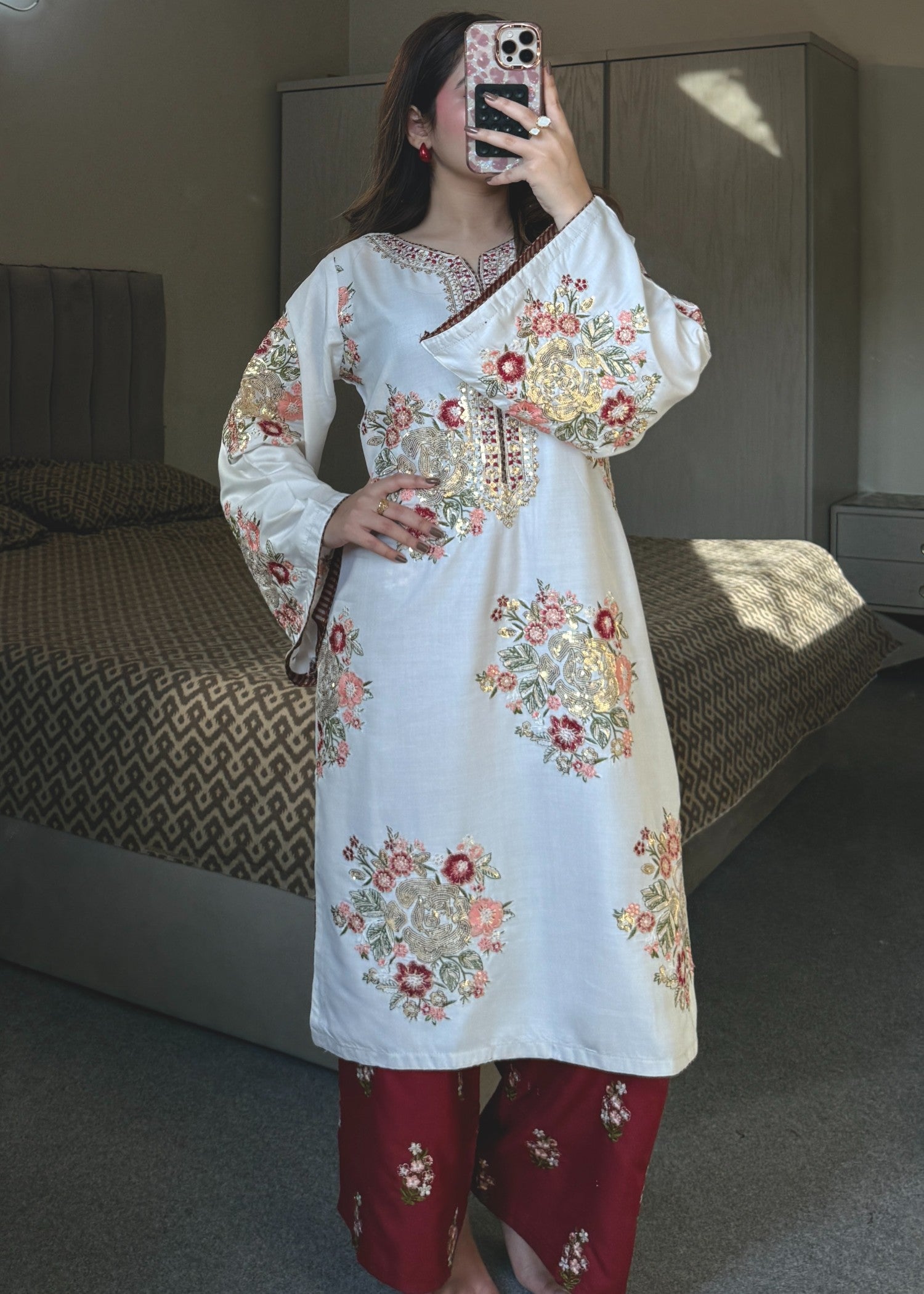 lawn Kurta Set in Maroon, white
