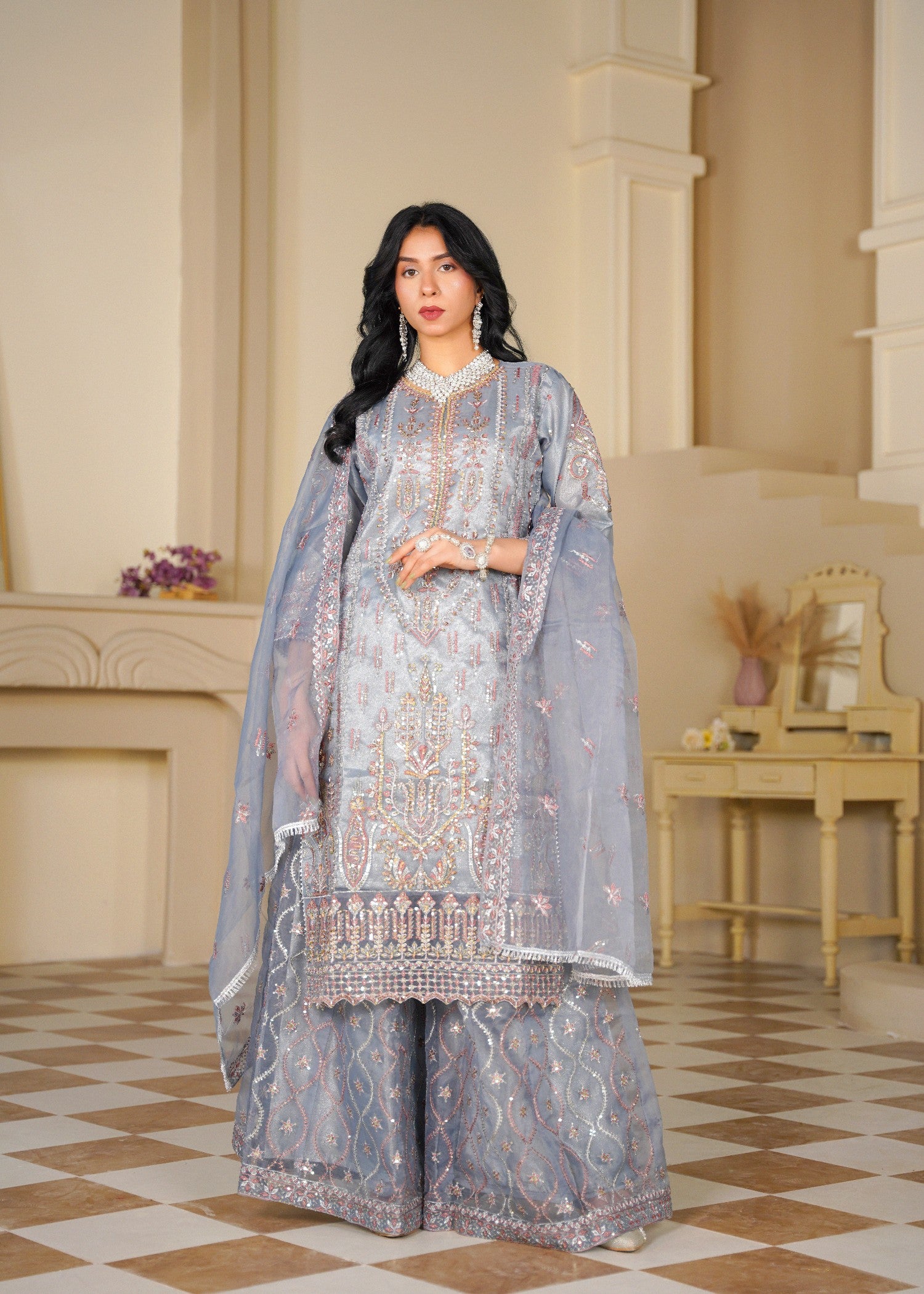 organza Sharara in Steal grey, silver