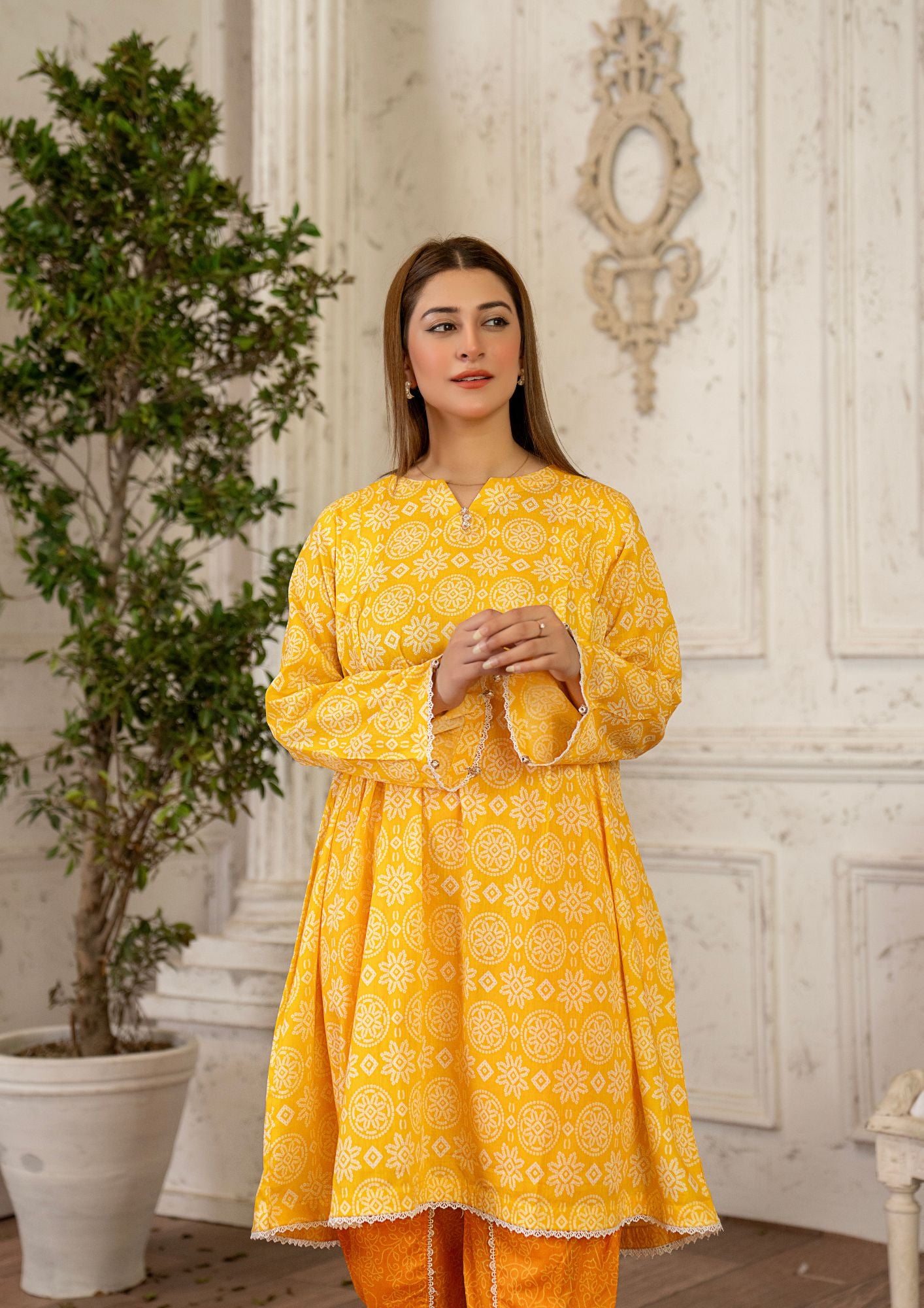 lawn Short Frock in Yellow-orange, yellow