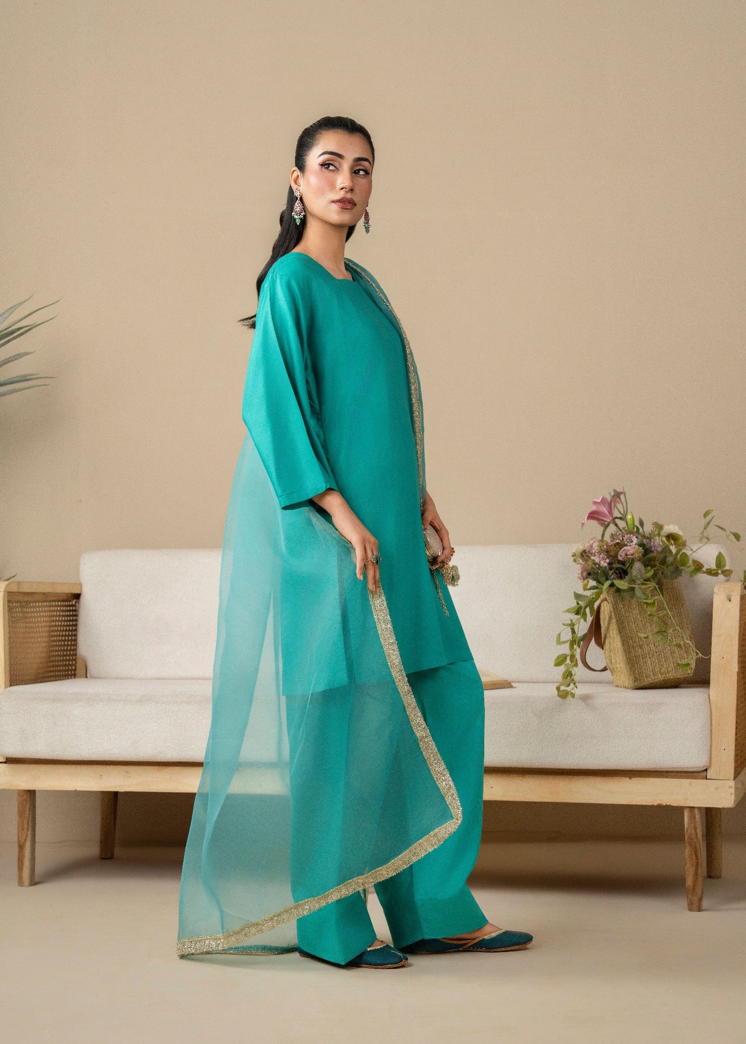linen Kurta Set in Parrot green