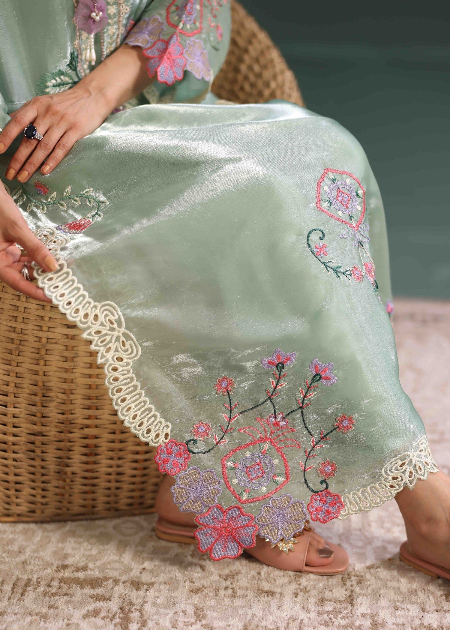 tussar silk Kaftan in Moss green