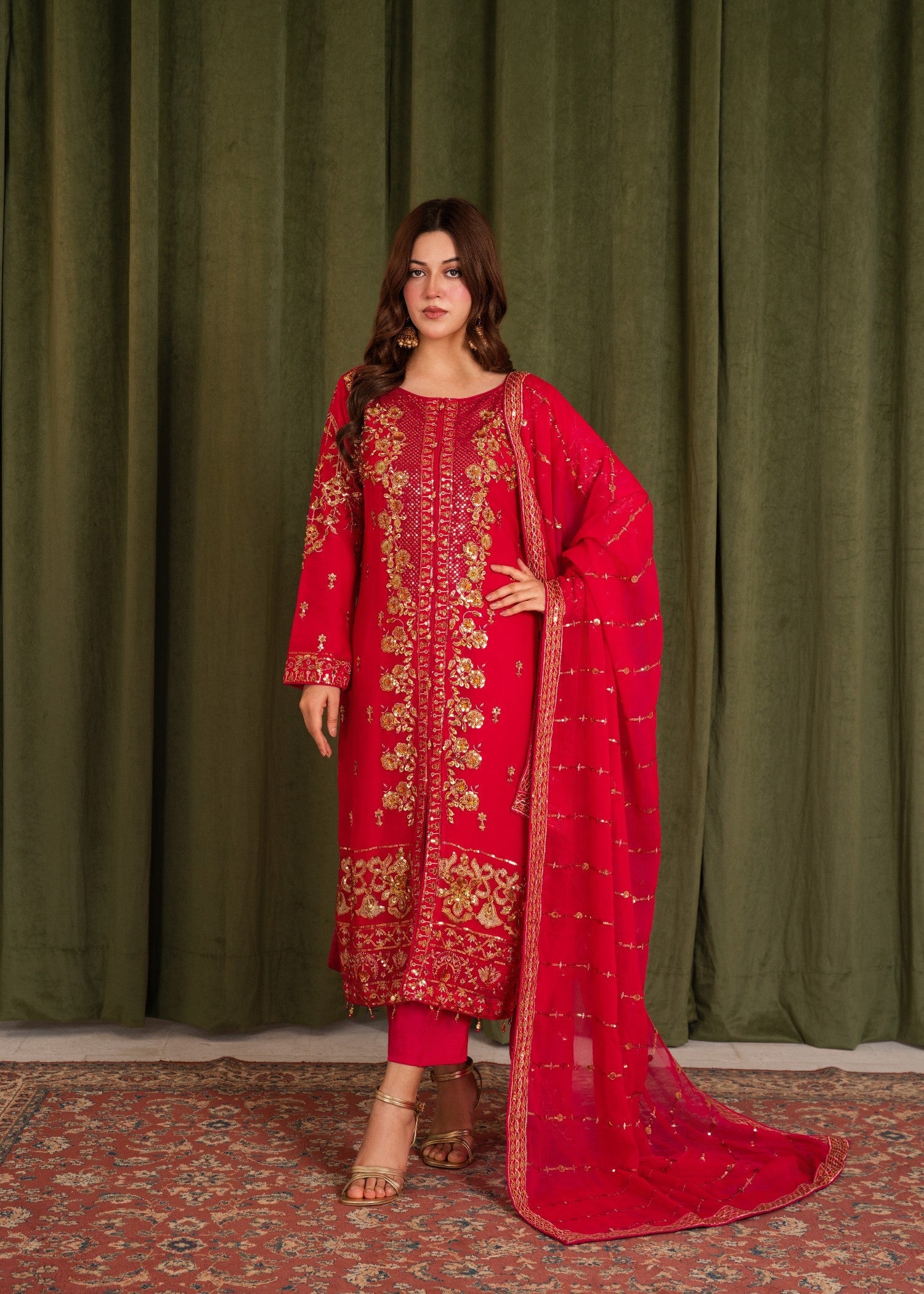 crinkle chiffon Kurta Set in Hot pink