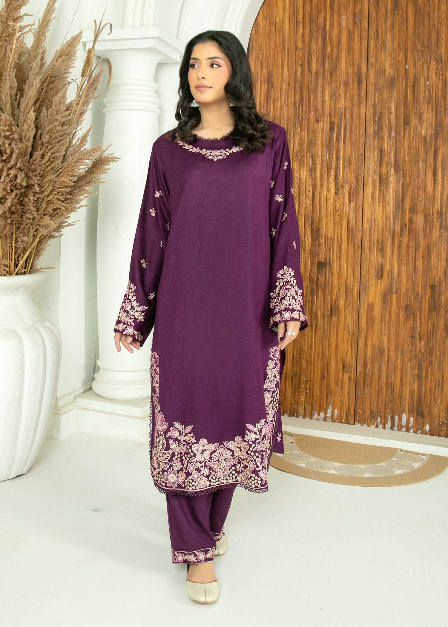 peach wool Kurta Set in Plum