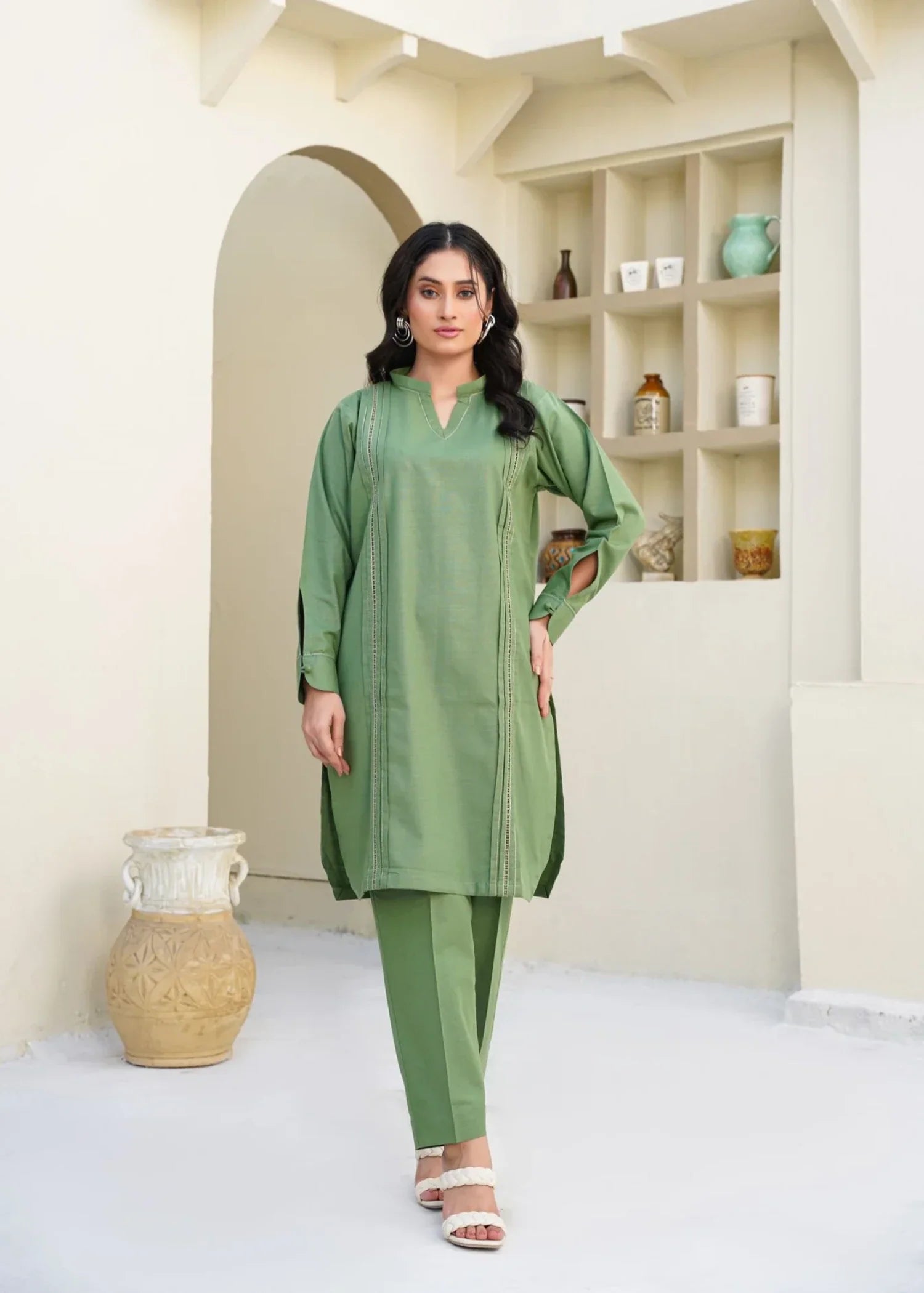 slub khaddar Kurta Set in Sage green