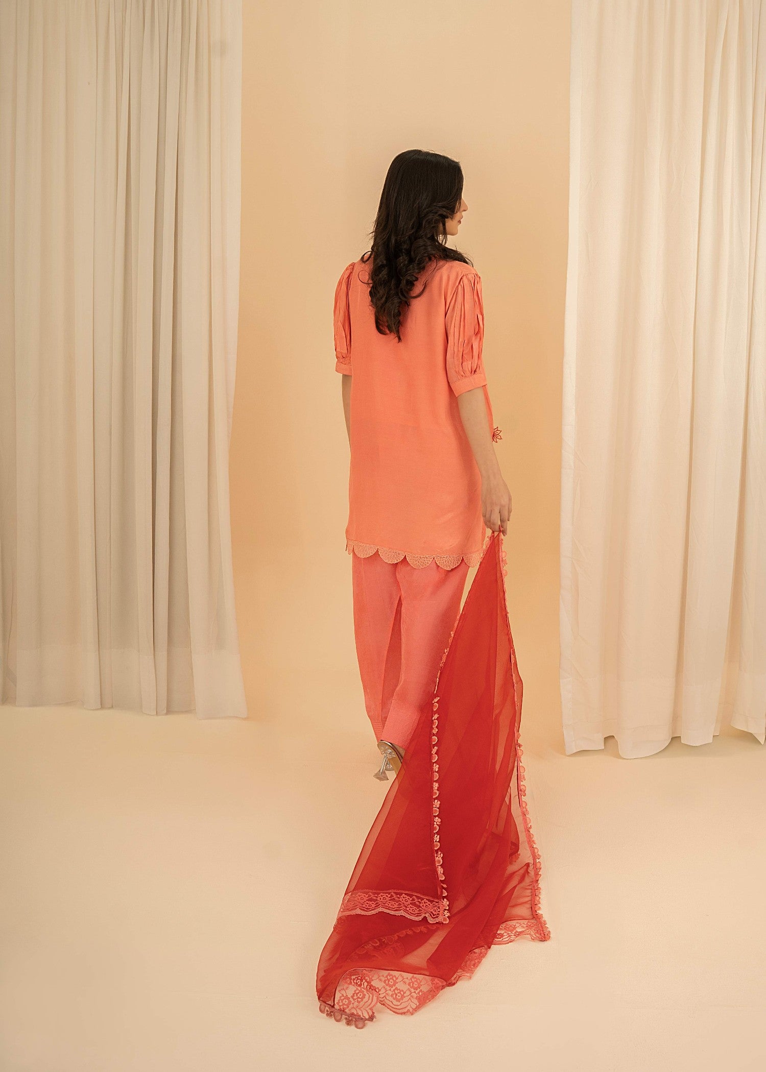medium silk Kurta Set in Coral orange