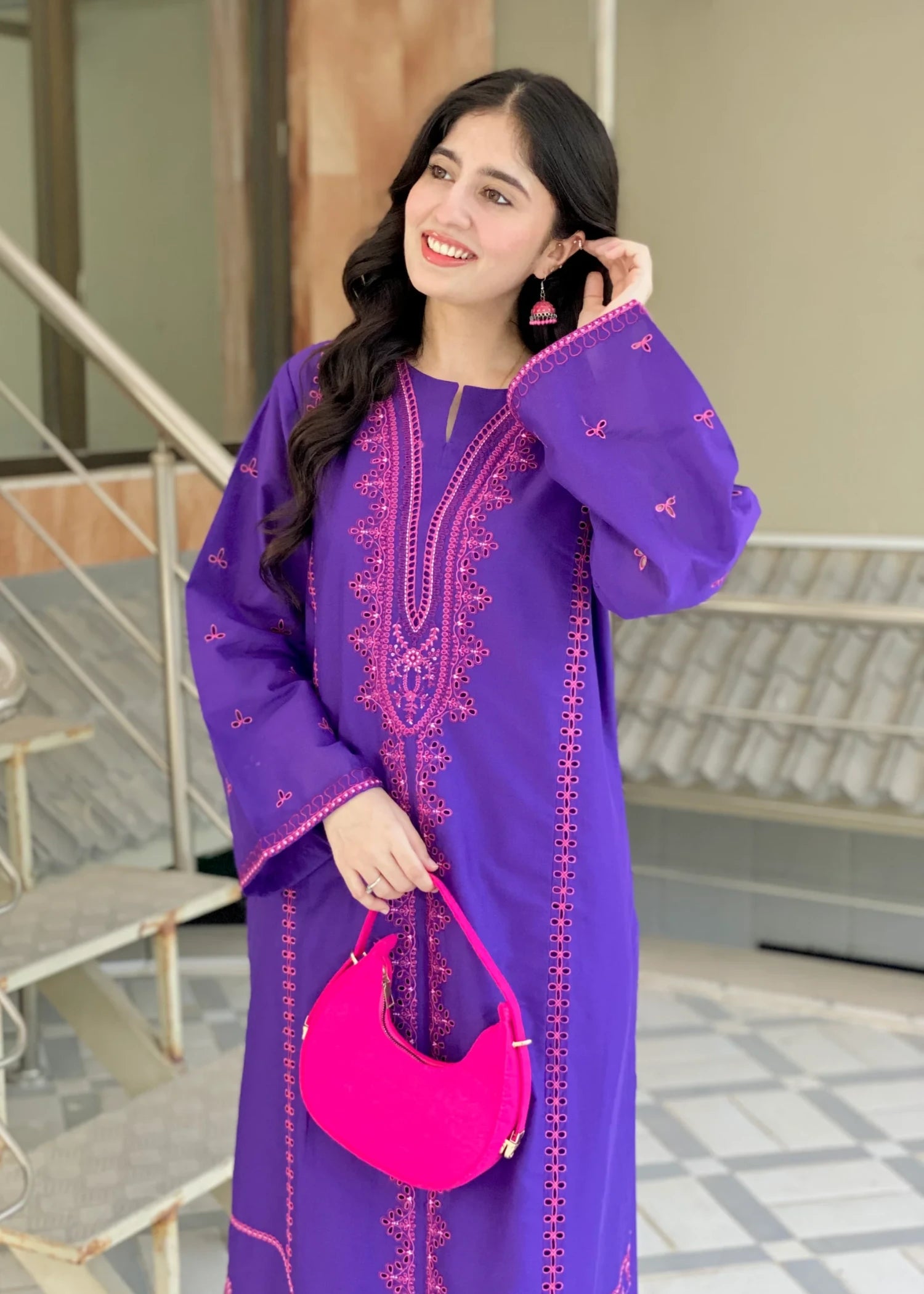 lawn Kurta Set in Electric purple