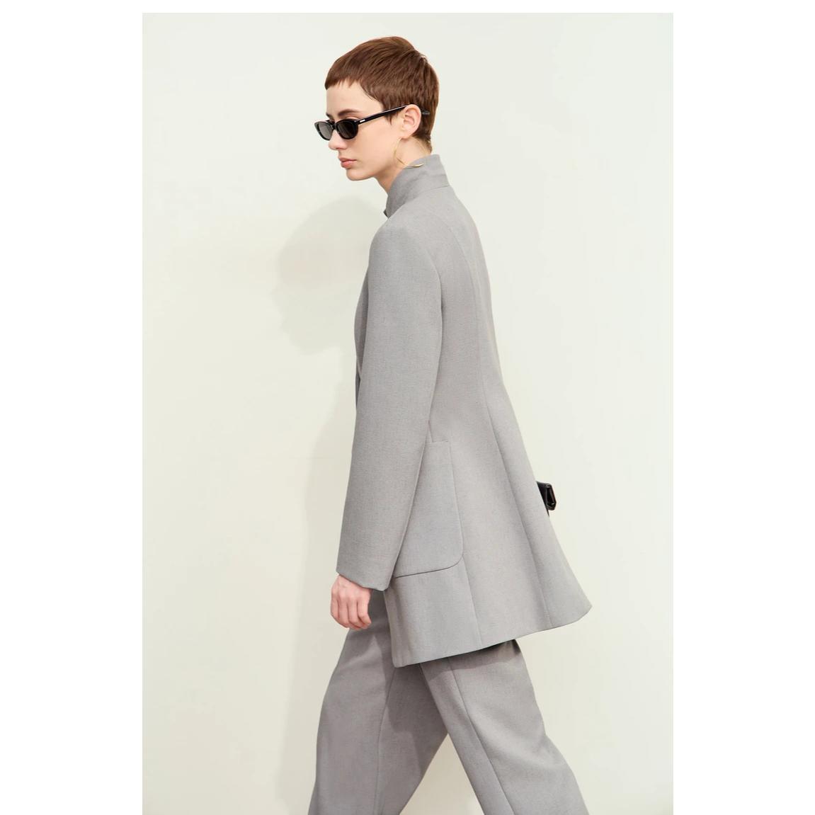 Women's Autumn Slim Tailored Coat with Stand Collar and Shoulder Pads