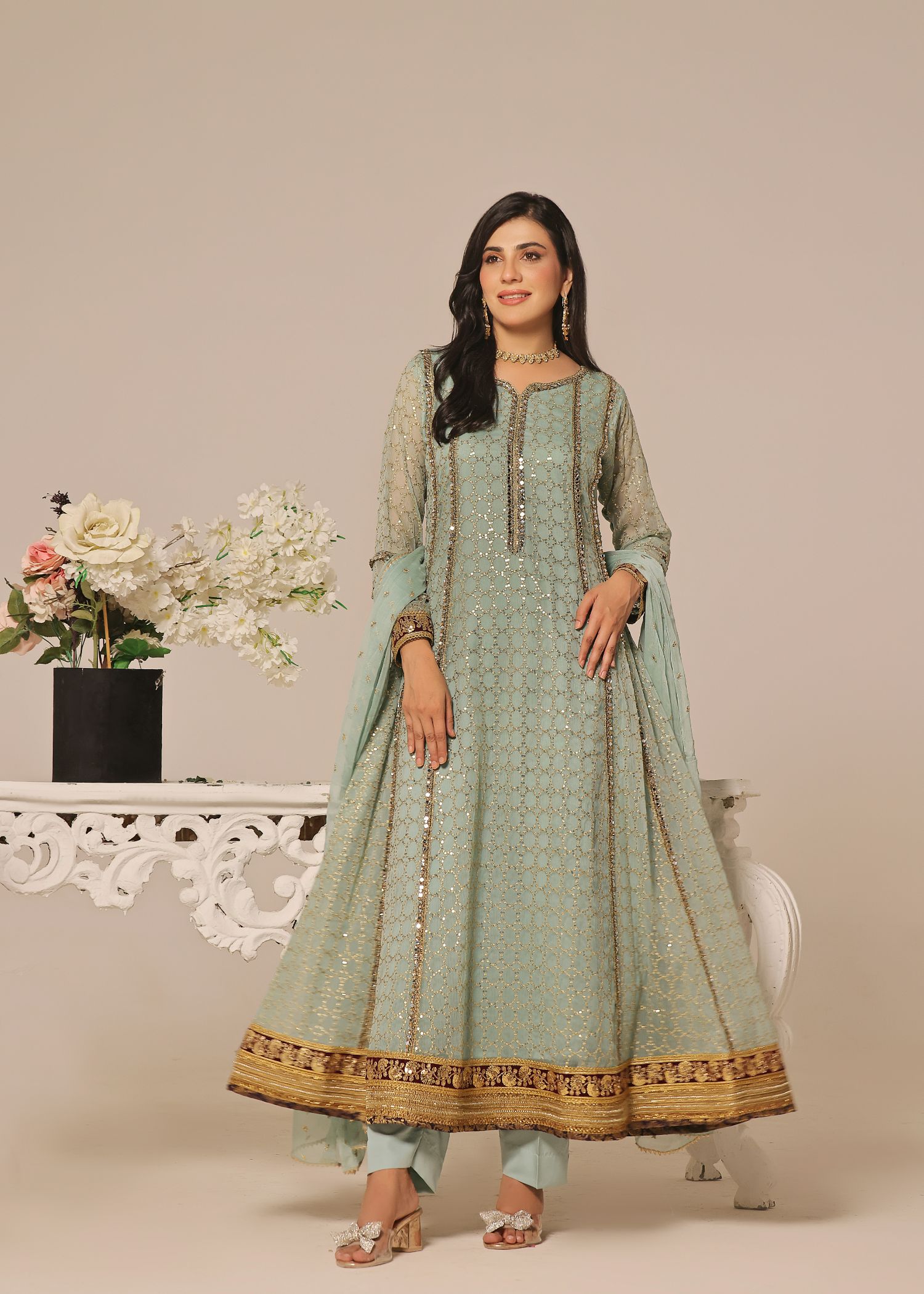 chiffon Anarkali in Pistachio green