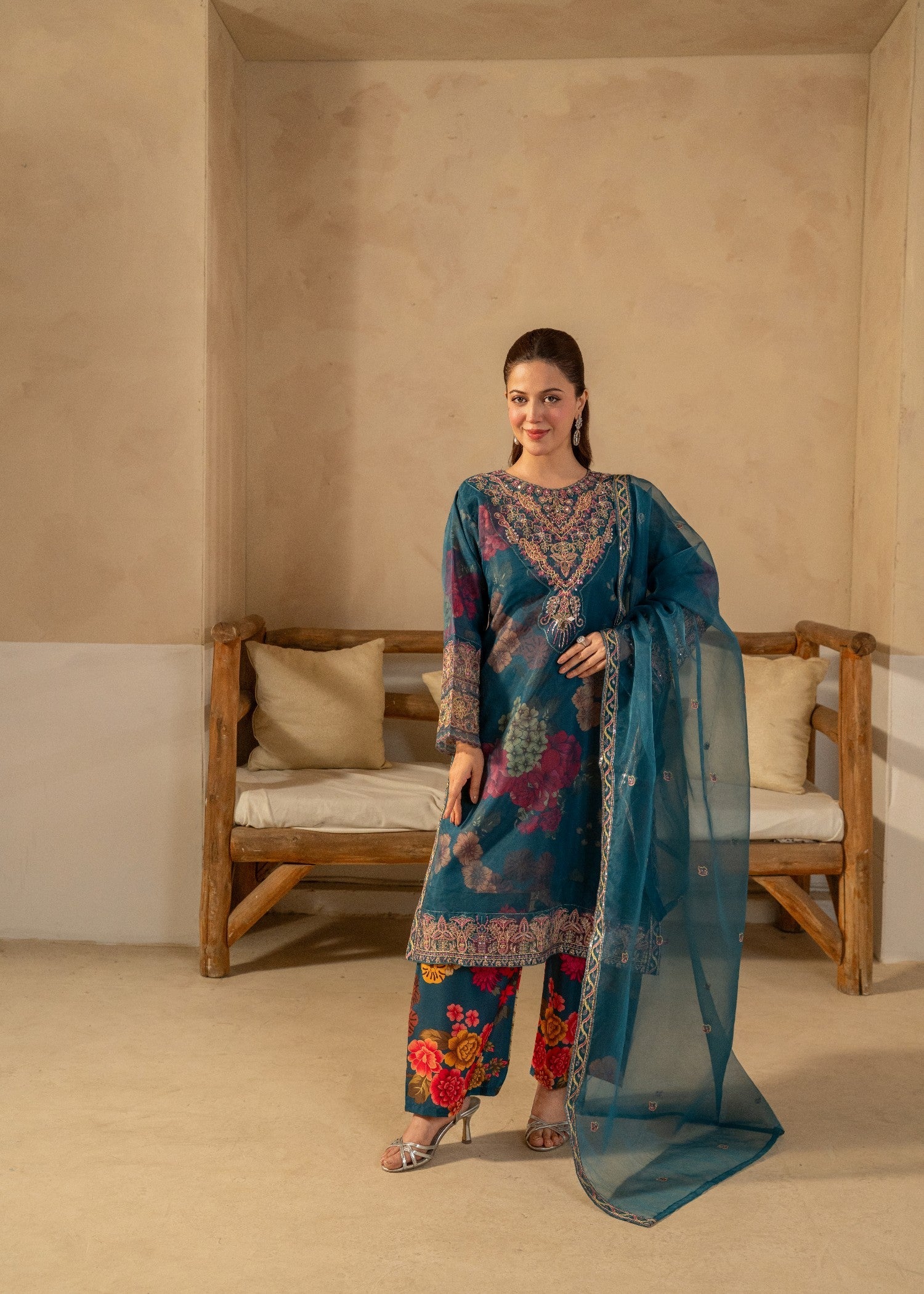 organza Kurta Set in Pine green