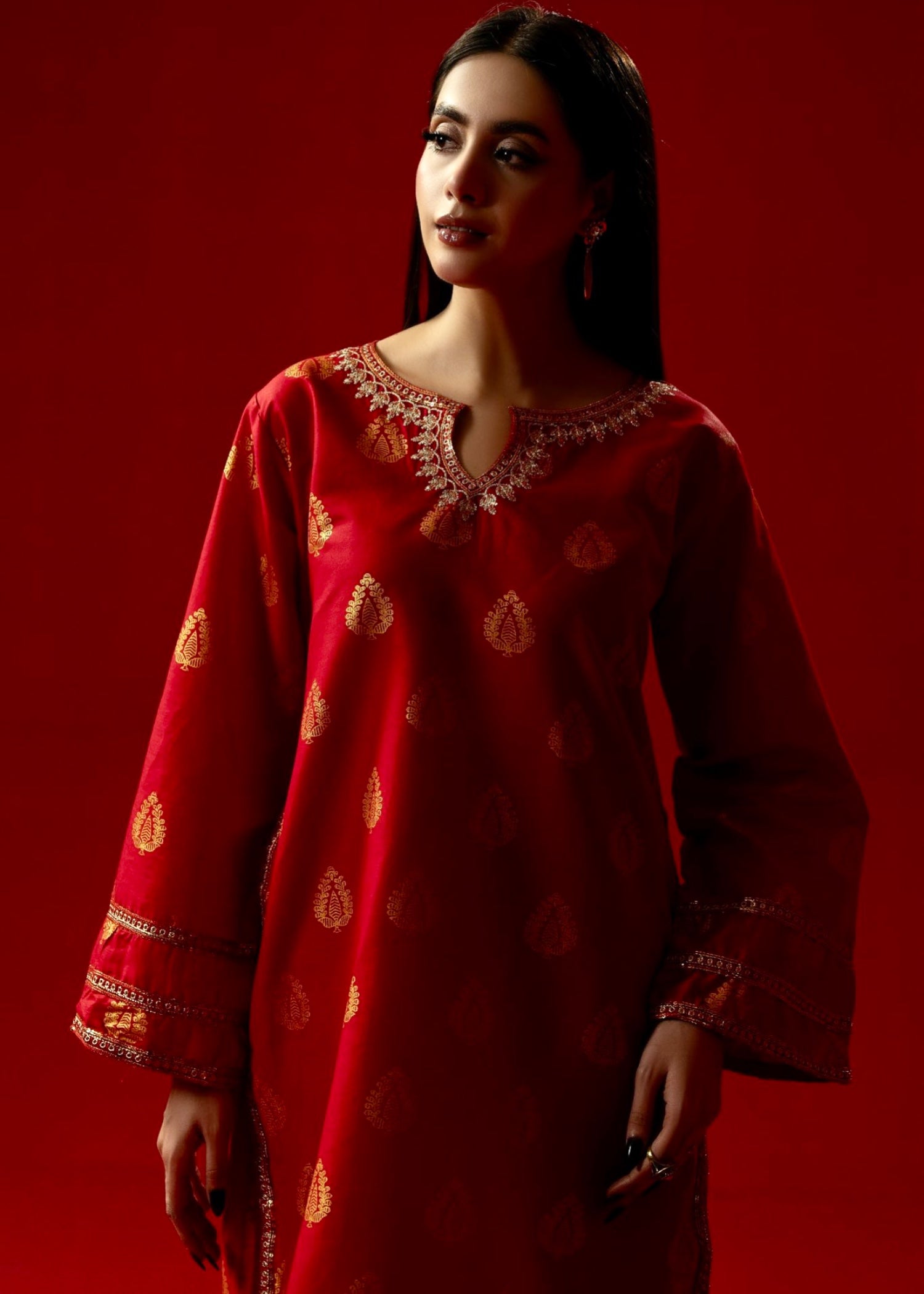 cambric Kurta Set in Red
