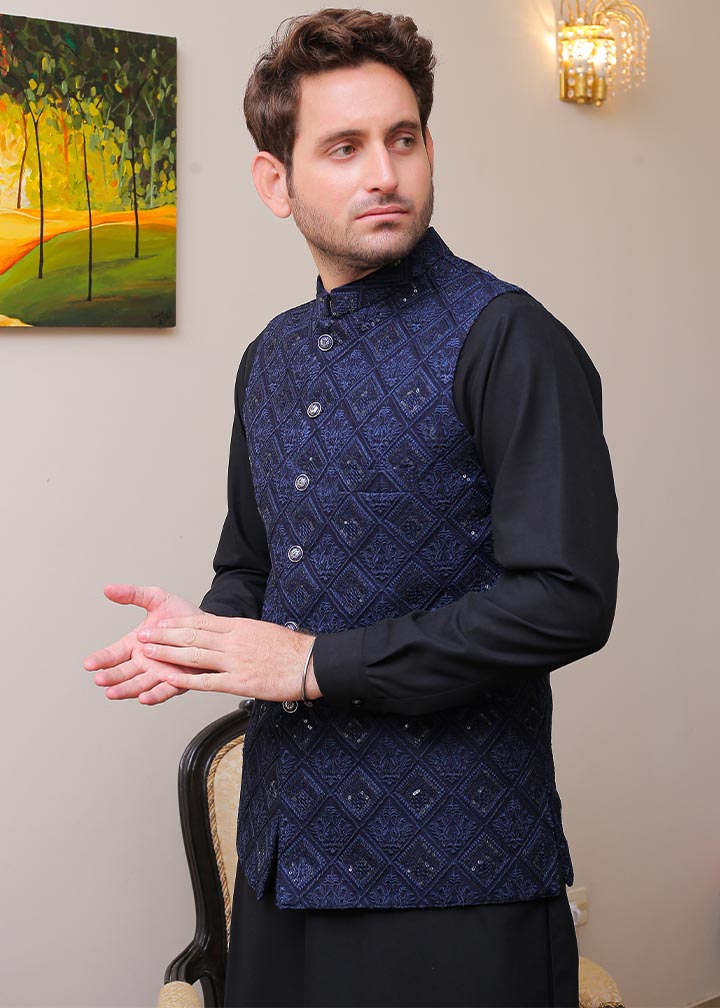 banarsi silk Waistcoat in Navy blue