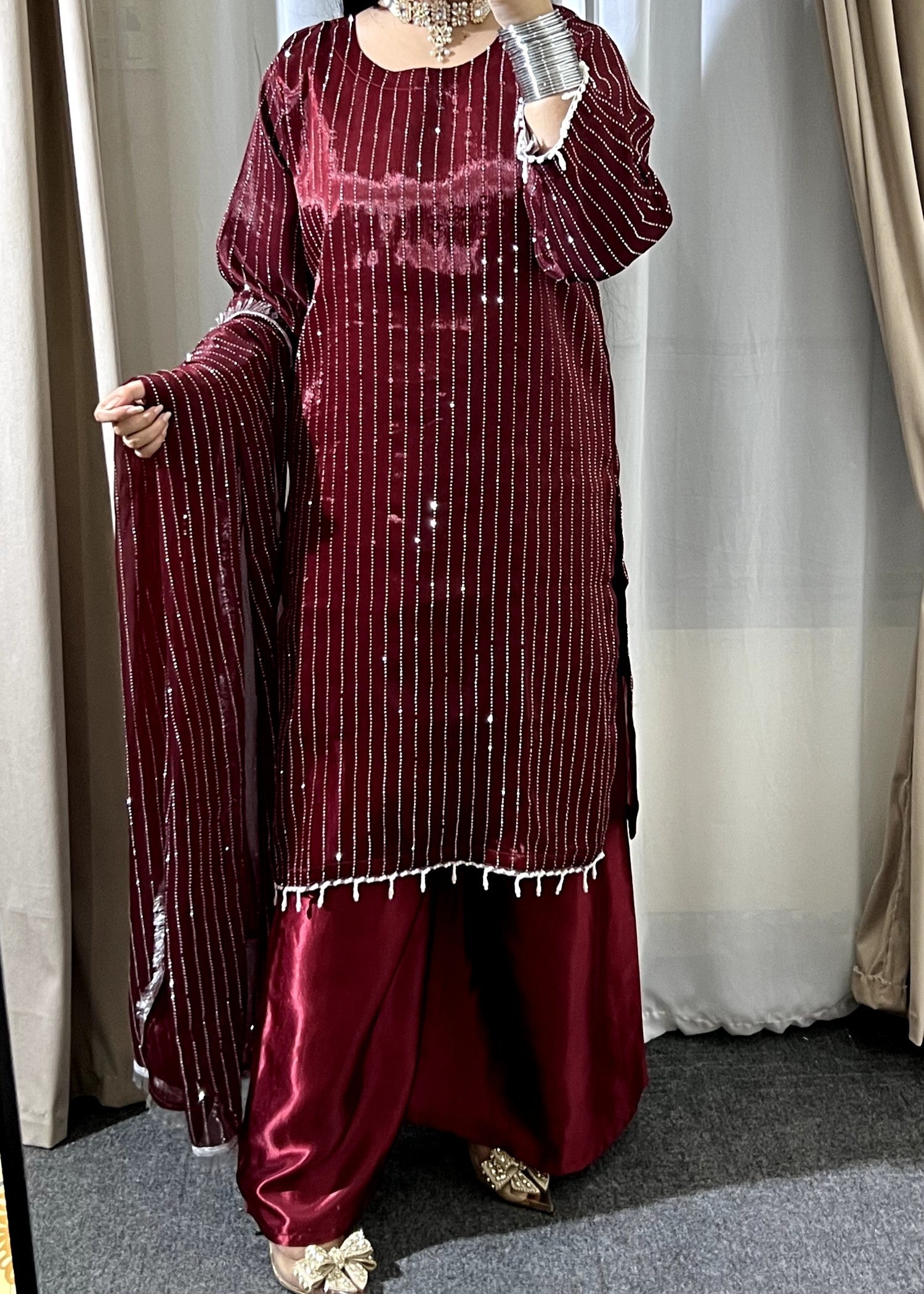 crinkle Kurta Set in Maroon