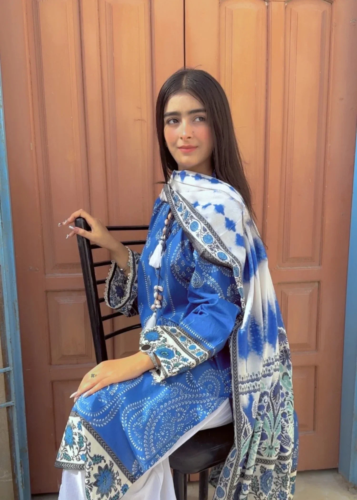 swiss lawn Kurta Set in Royal blue