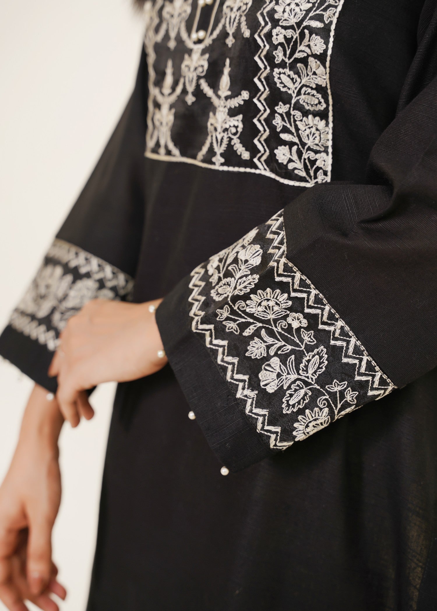 khaddar Kurta Set in Black, ivory, cream