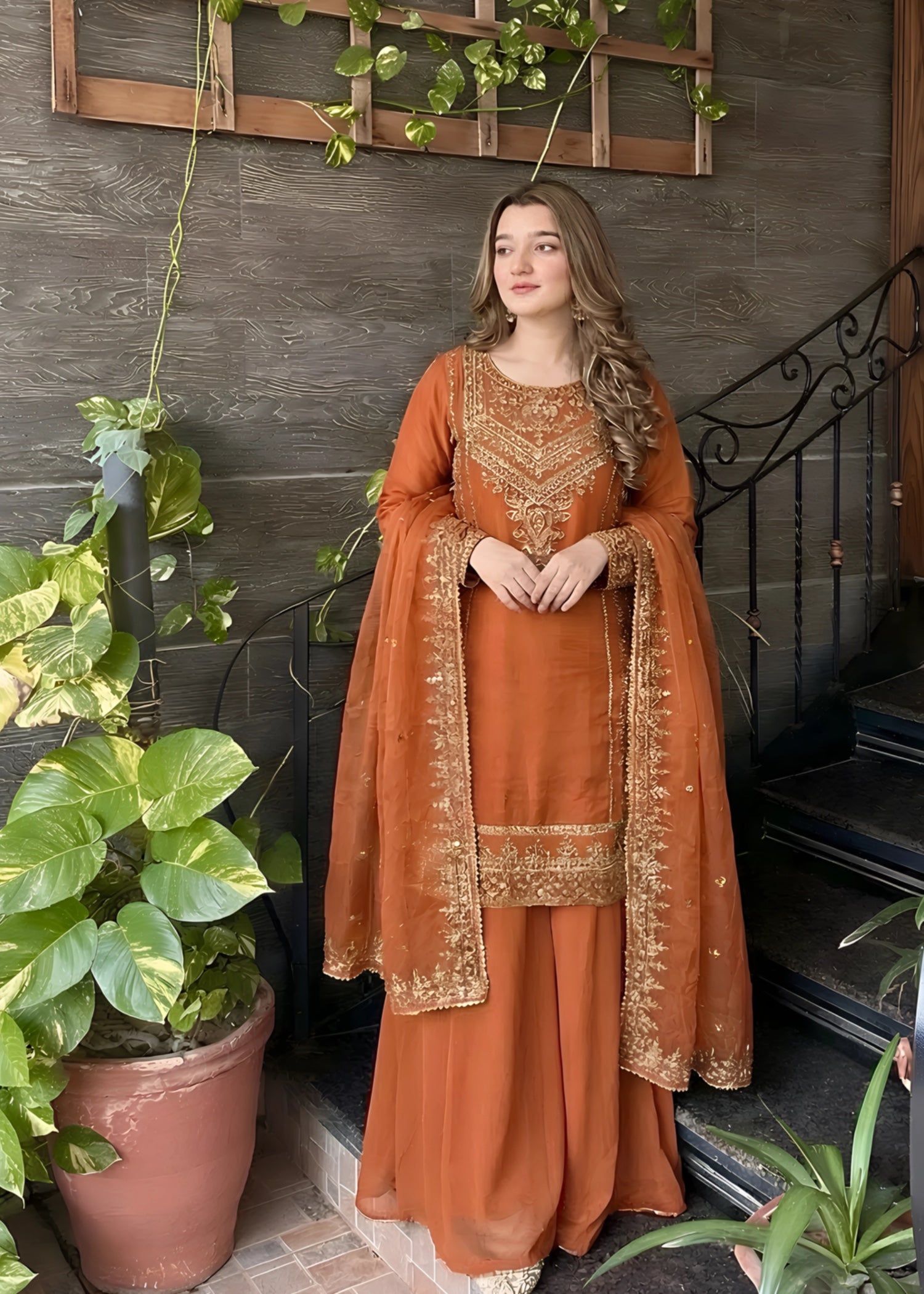 chiffon Sharara in Rust orange
