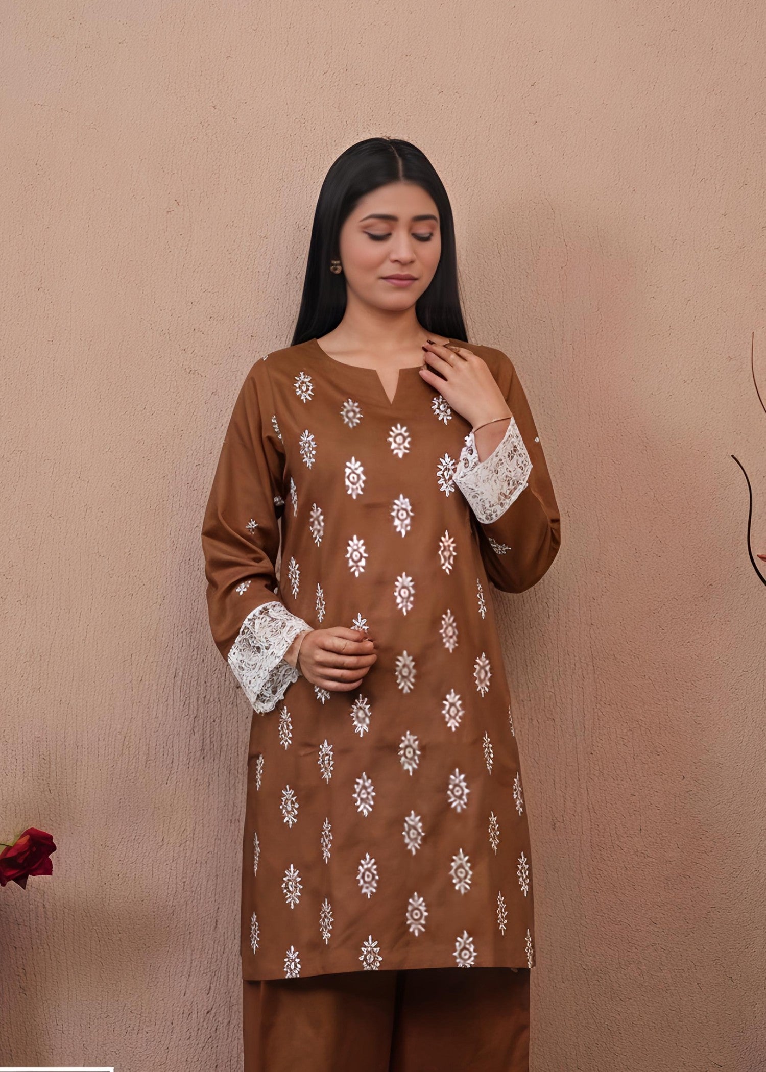 lawn Kurta Set in Lilac, beige, copper