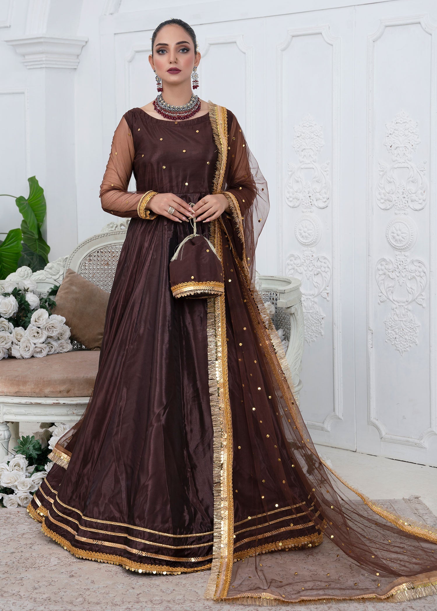 cotton silk Pishwas in Brown