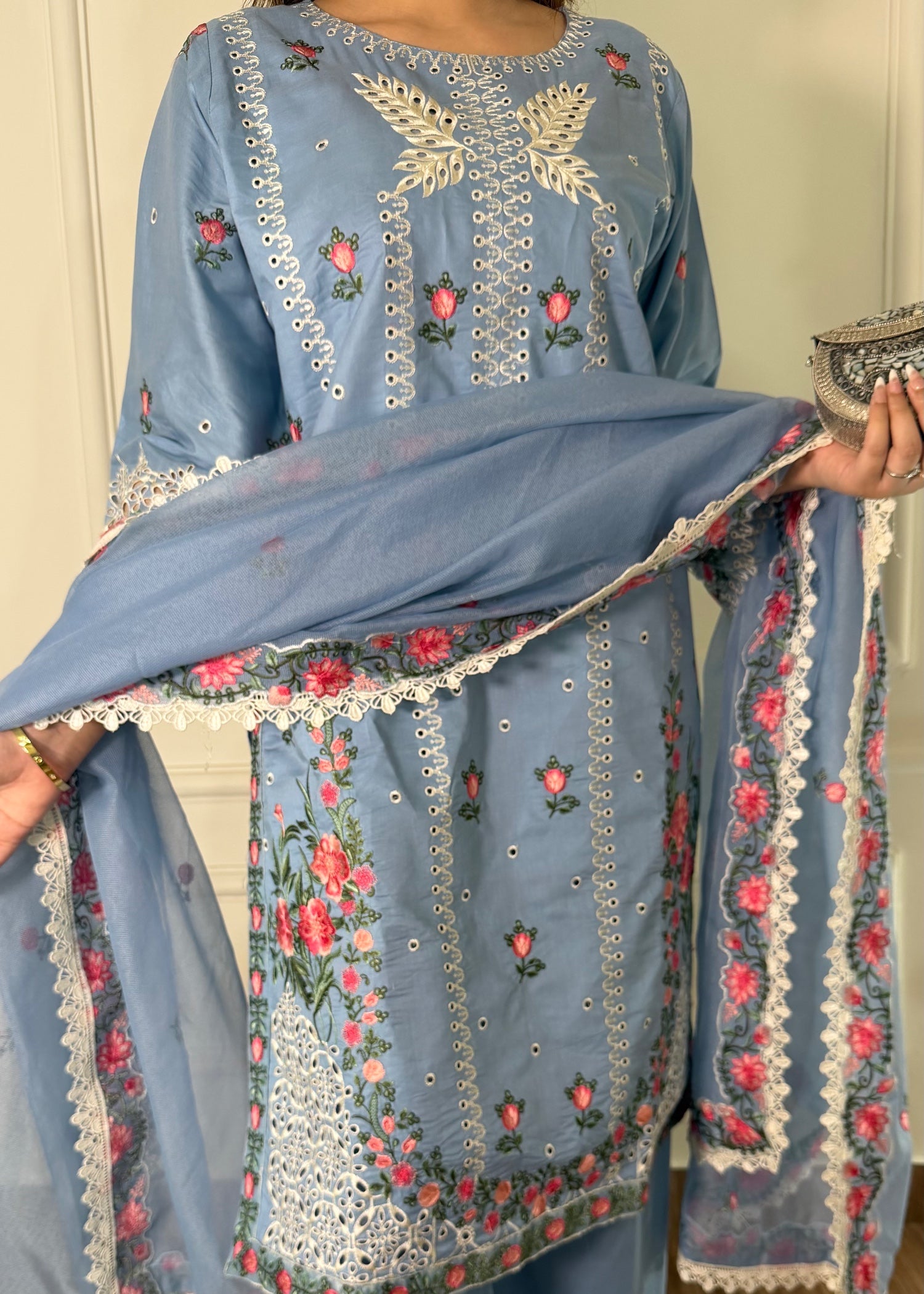 lawn Kurta Set in Powder blue, sky blue