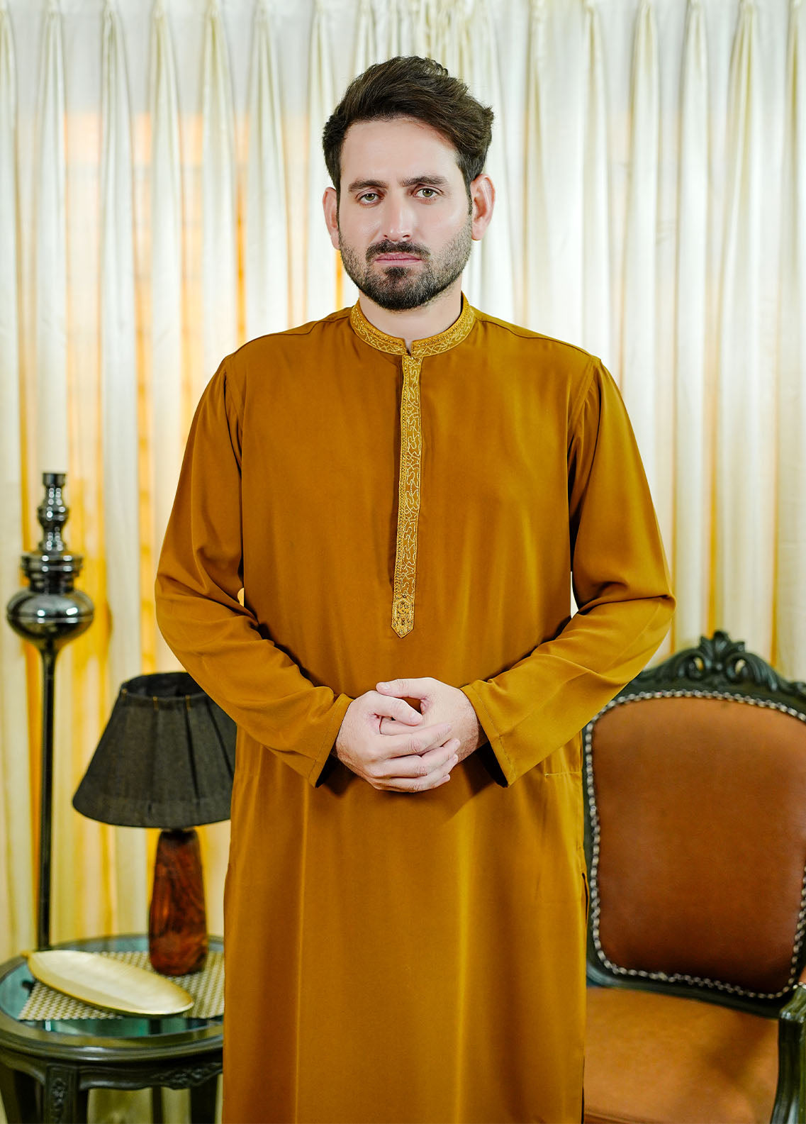 silk georgette Kurta Set in Mustard