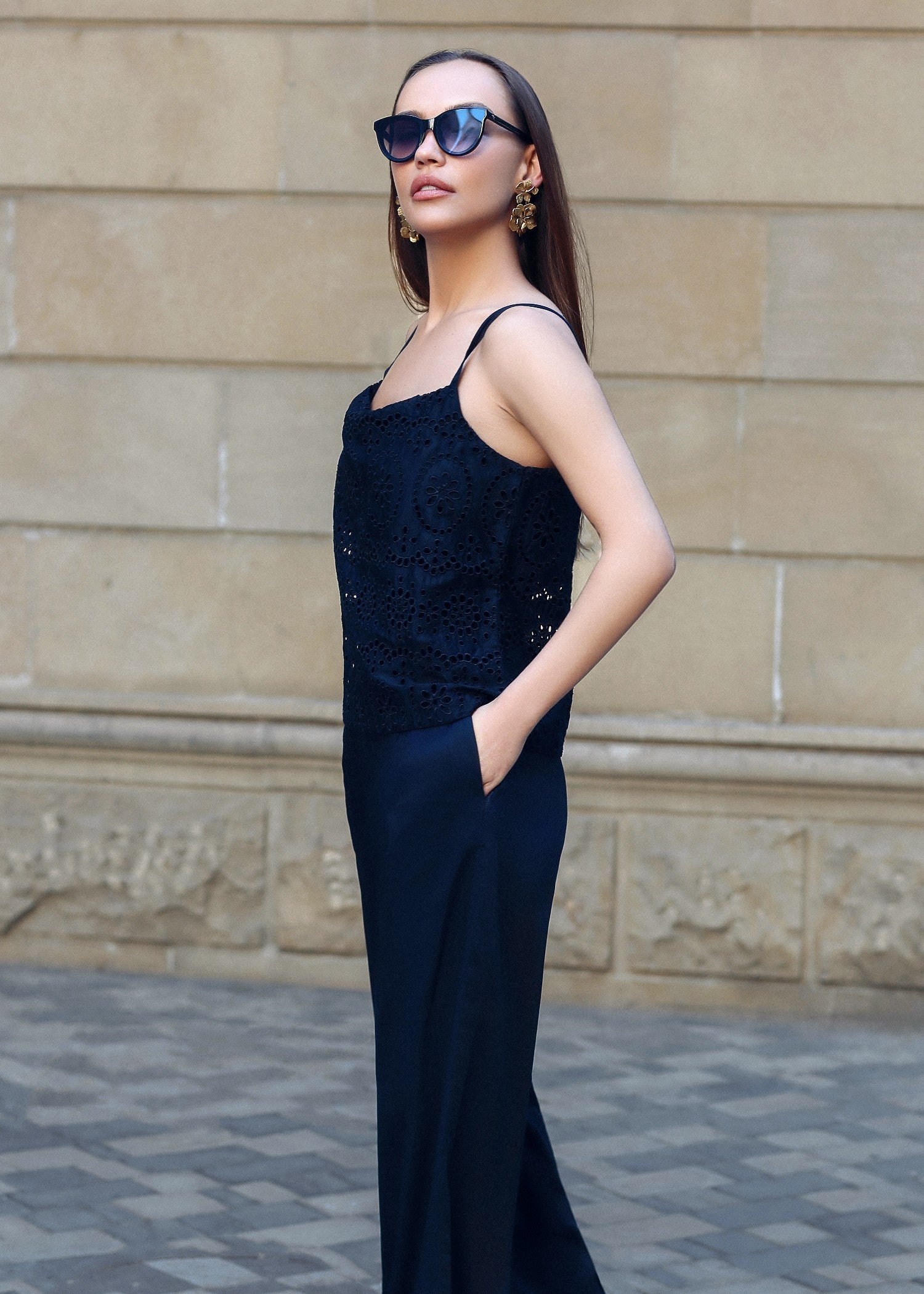 cotton satin Tank Top in Black