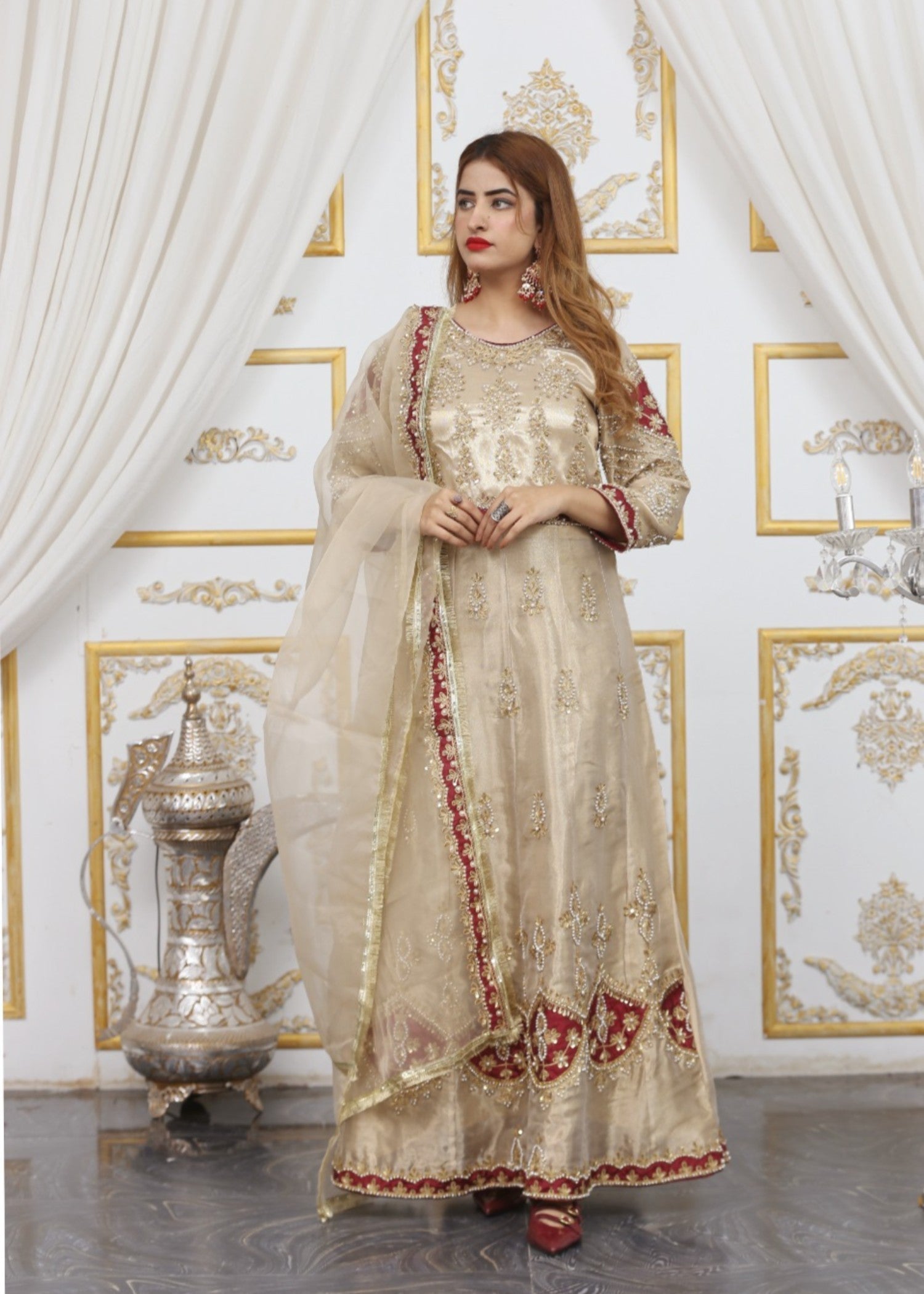 khaddi net shabnam zari Maxi in Beige