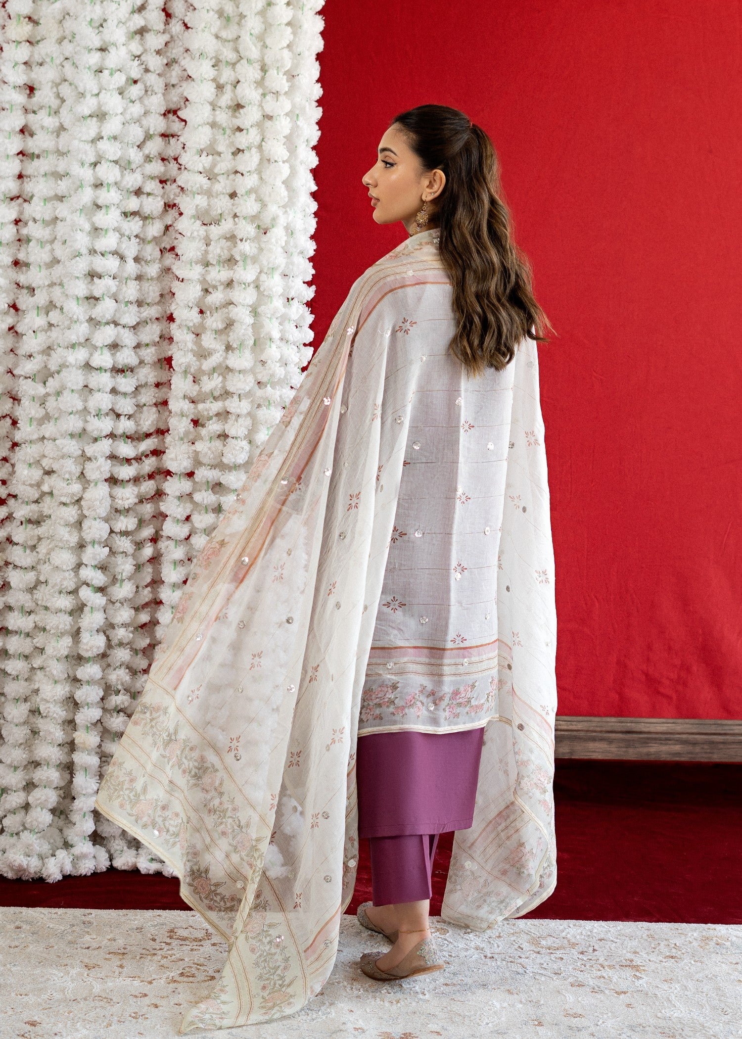 lawn Kurta Set in Purple, off-white