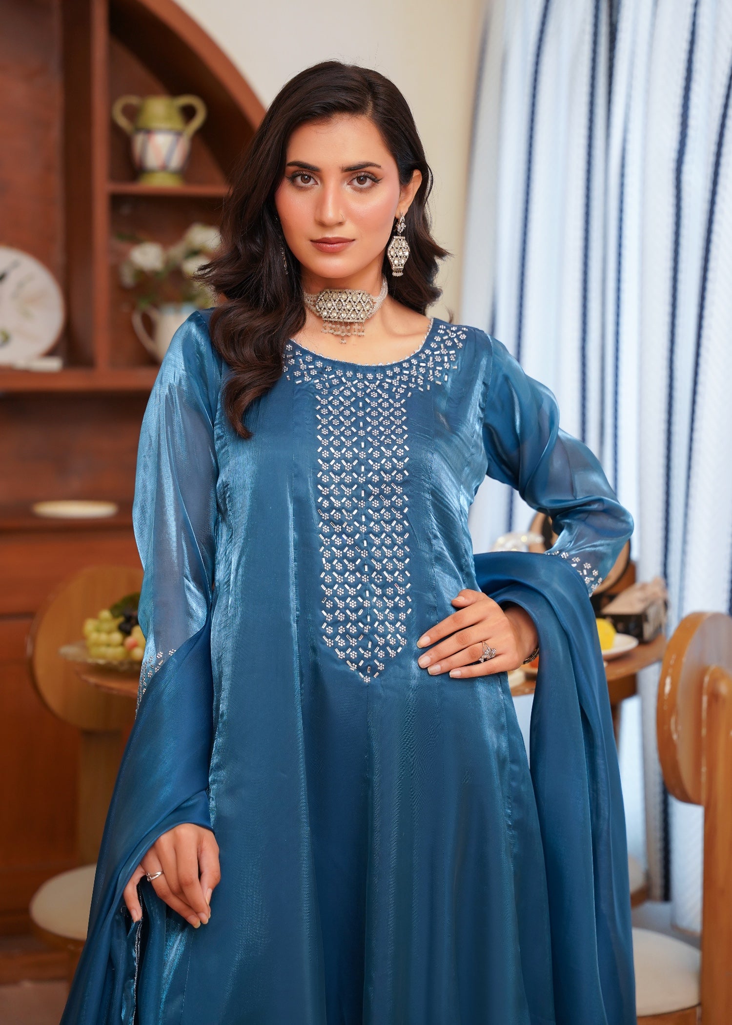 silk tissue Pishwas in Royal blue
