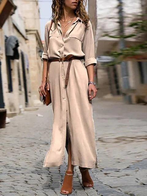 Women's Split Long Dress Skirt - Solid Color, Long Sleeves for Elegant Look
