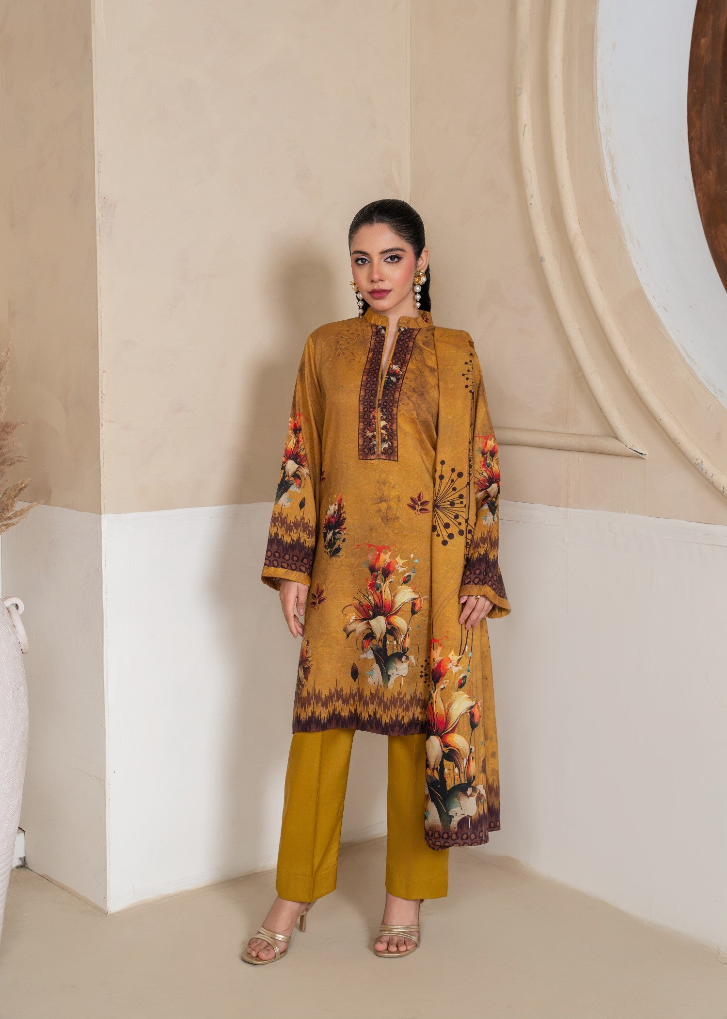 viscose linen Kurta Set in Yellow-orange