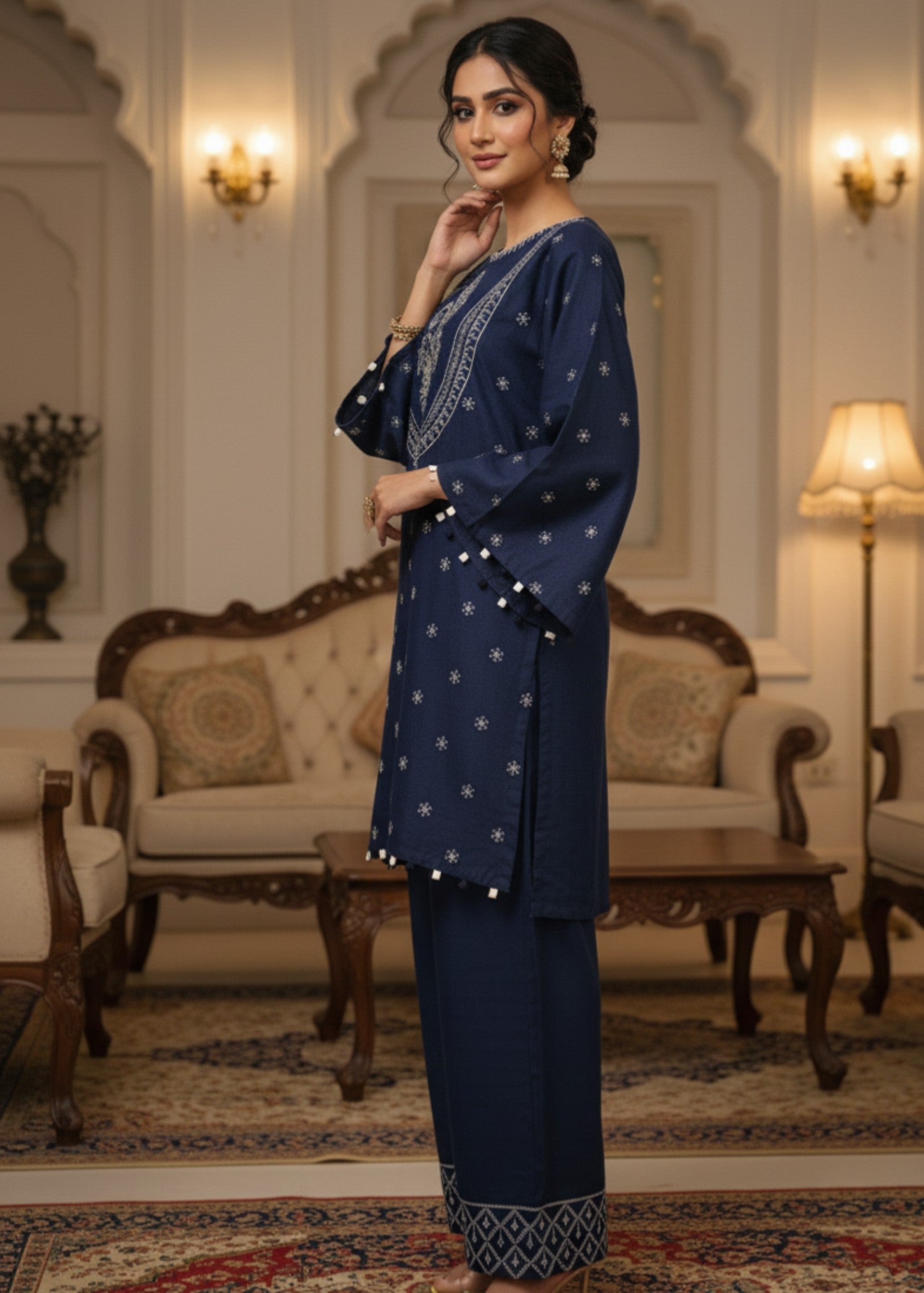 poly viscose Kurta Set in Navy blue