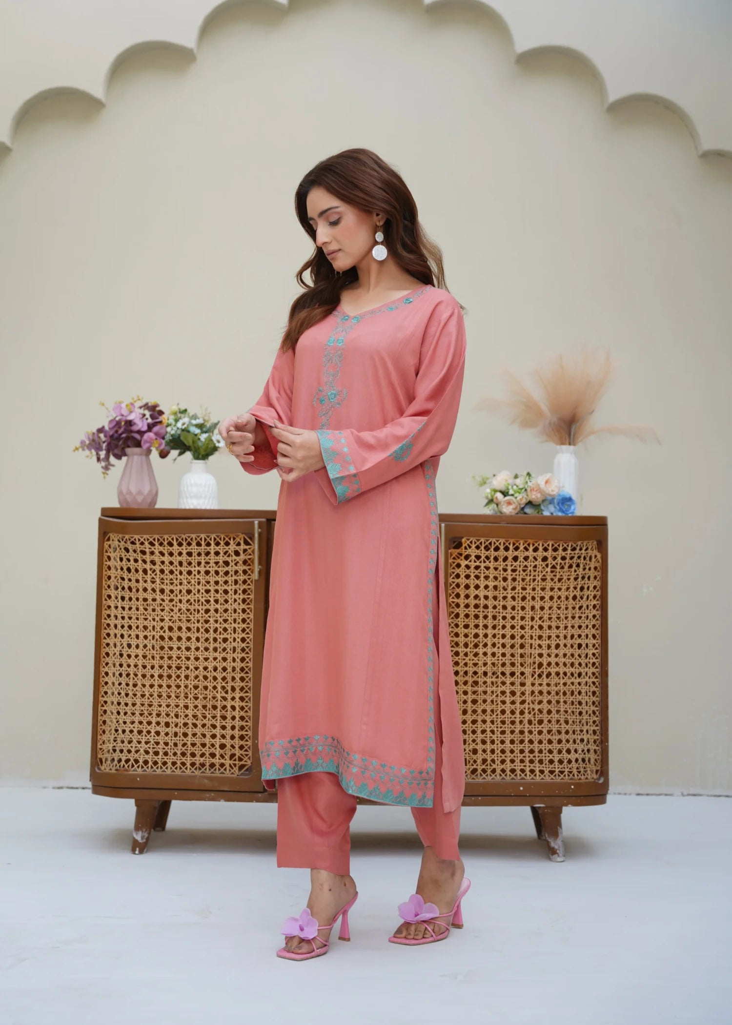 silk karandi Kurta Set in Blush pink