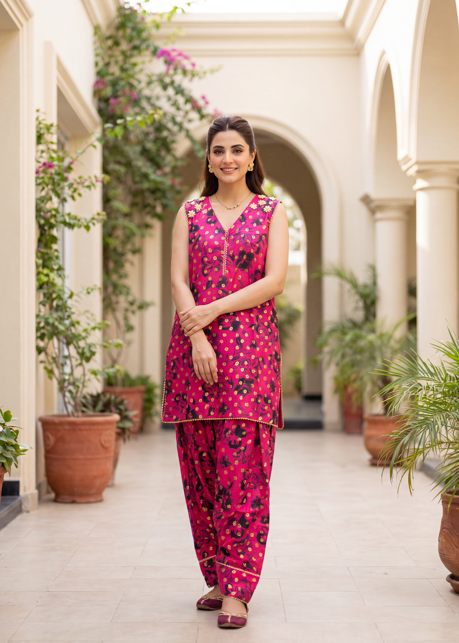 lawn Co Ord Sets in Black, raspberry pink