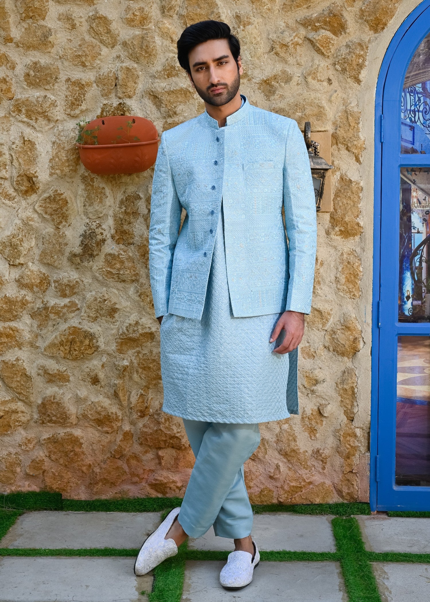 raw silk Prince Coat in Sky blue