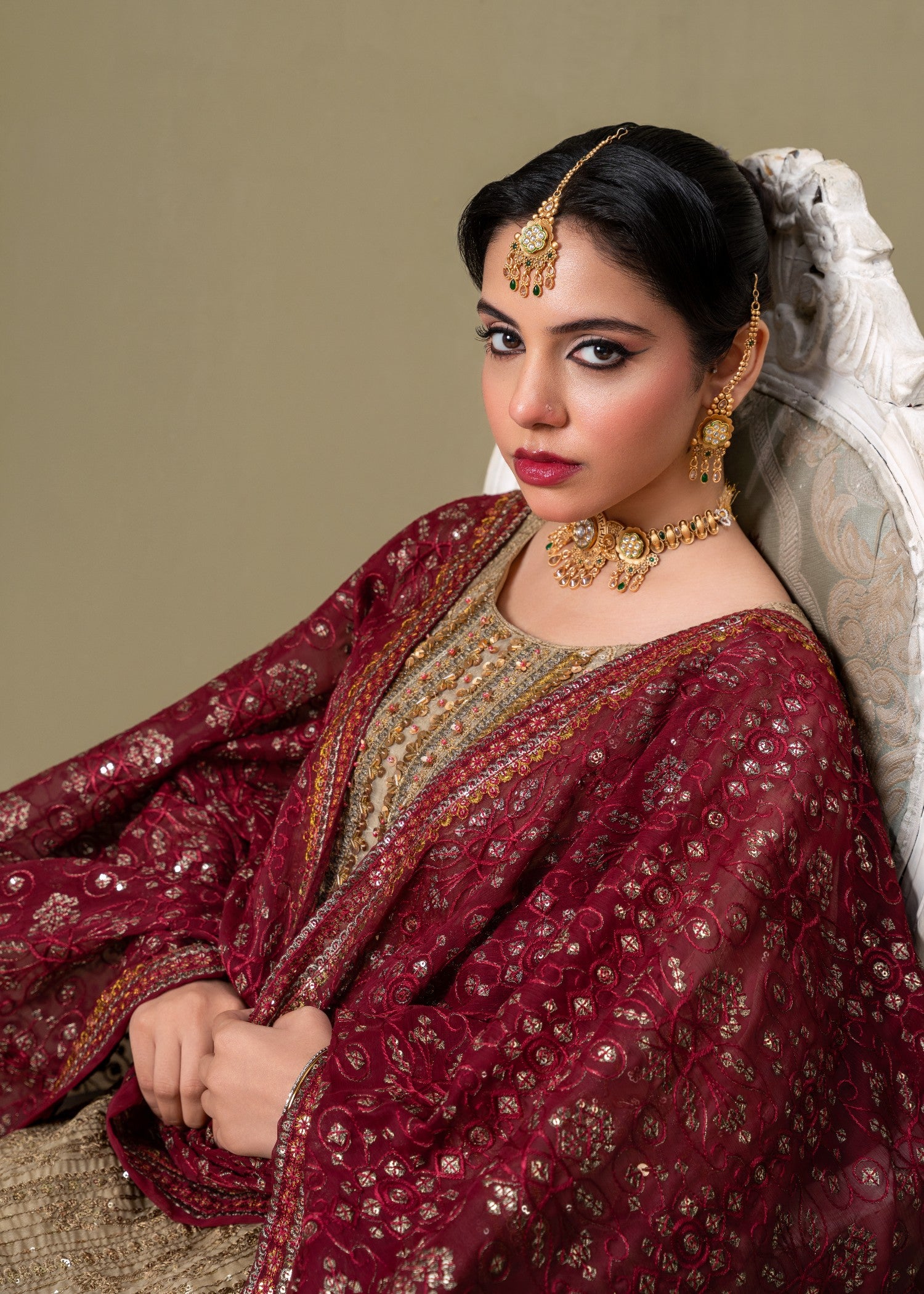 chiffon Kurta Set in Maroon, beige
