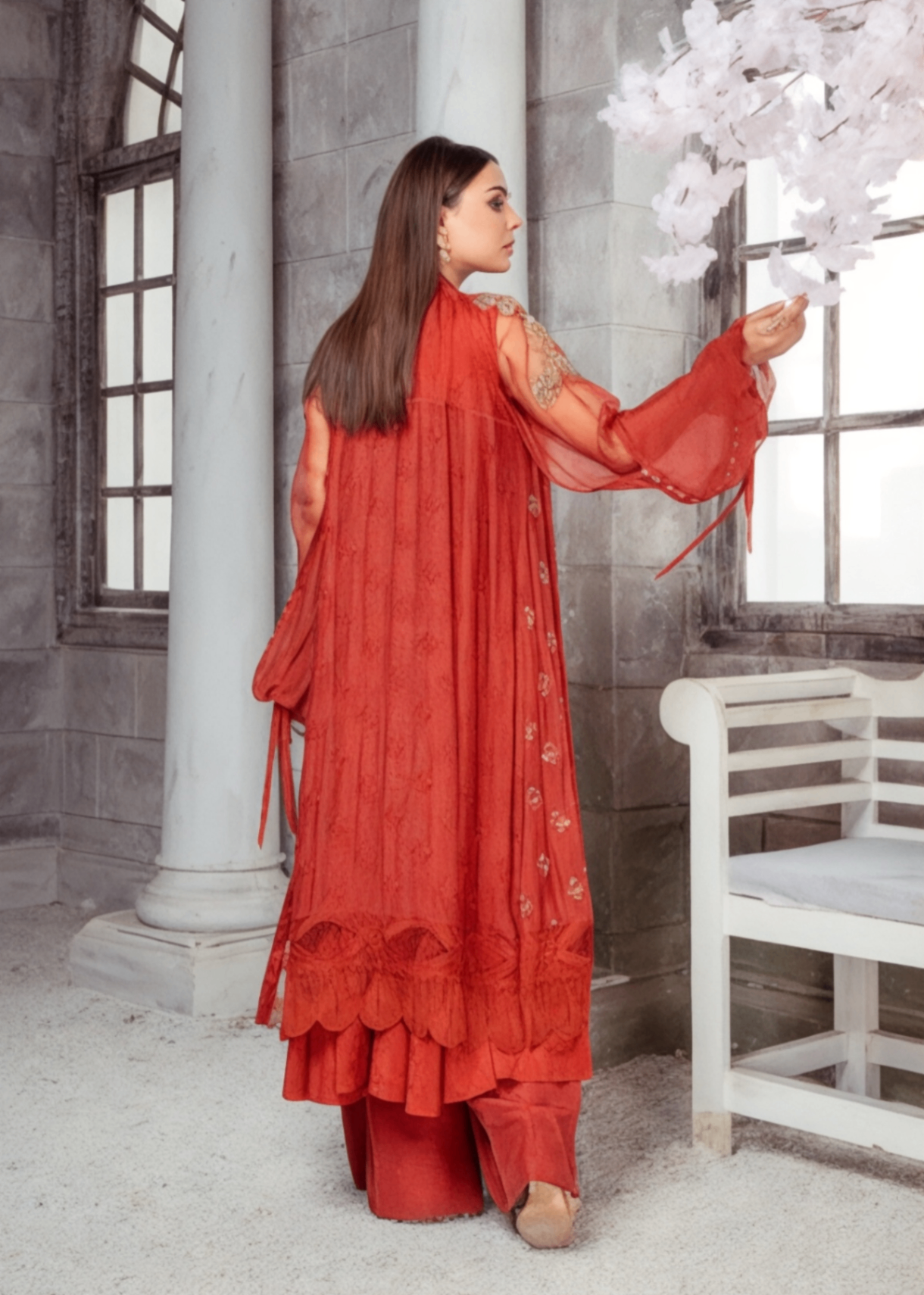 khaddi net Gown in Flame