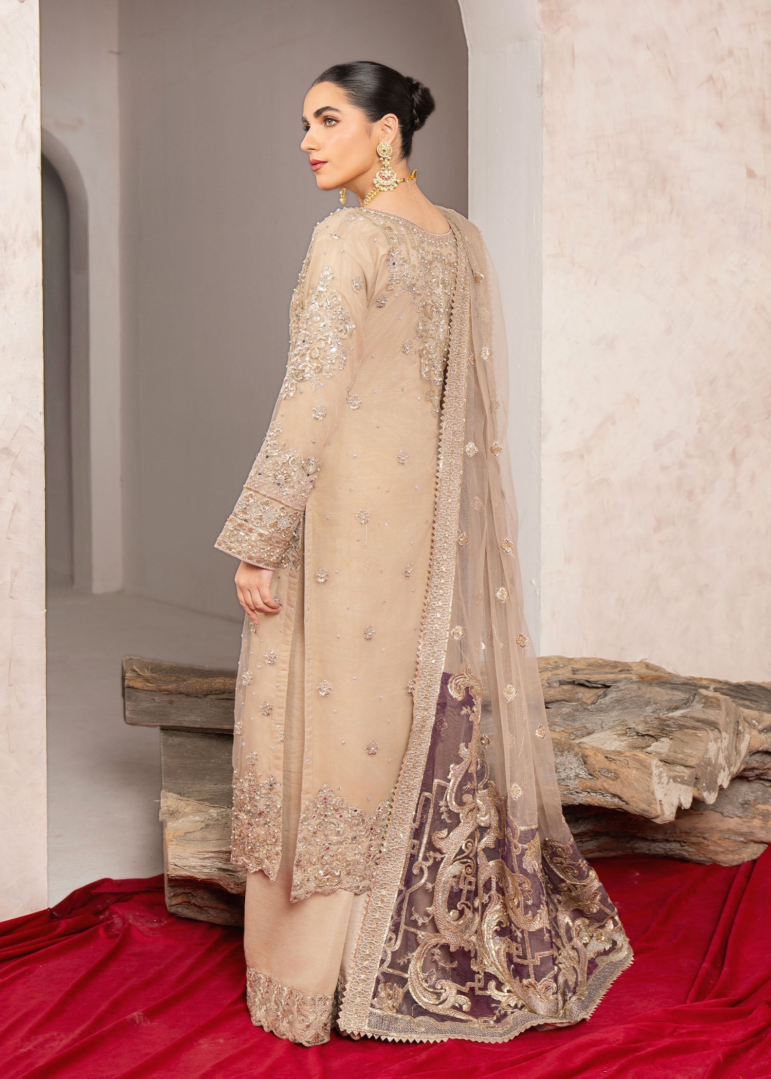 polyester net Kurta Set in Beige