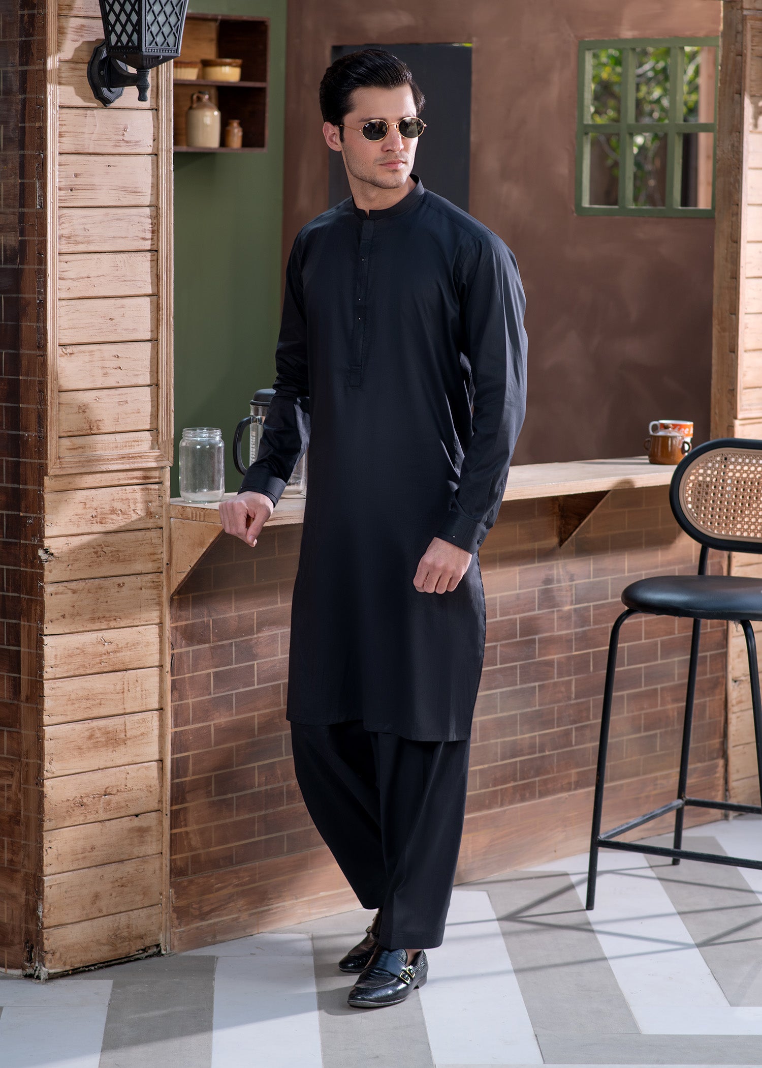cotton Shalwar Kameez in Black by Buraq