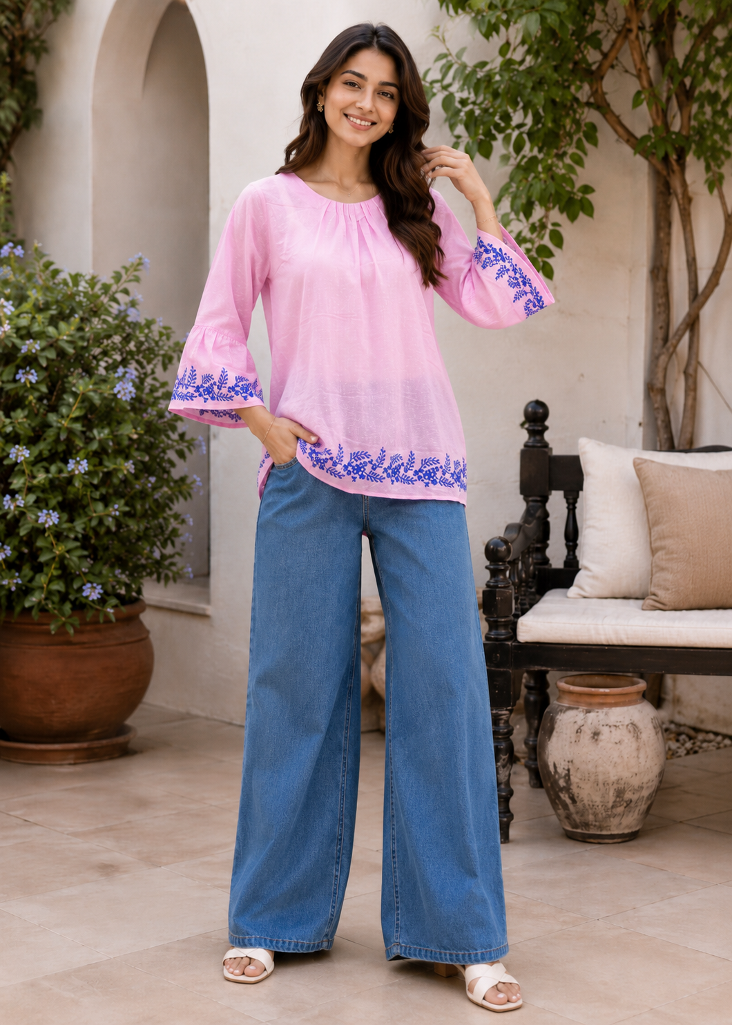 lawn karandi Top in Blush pink