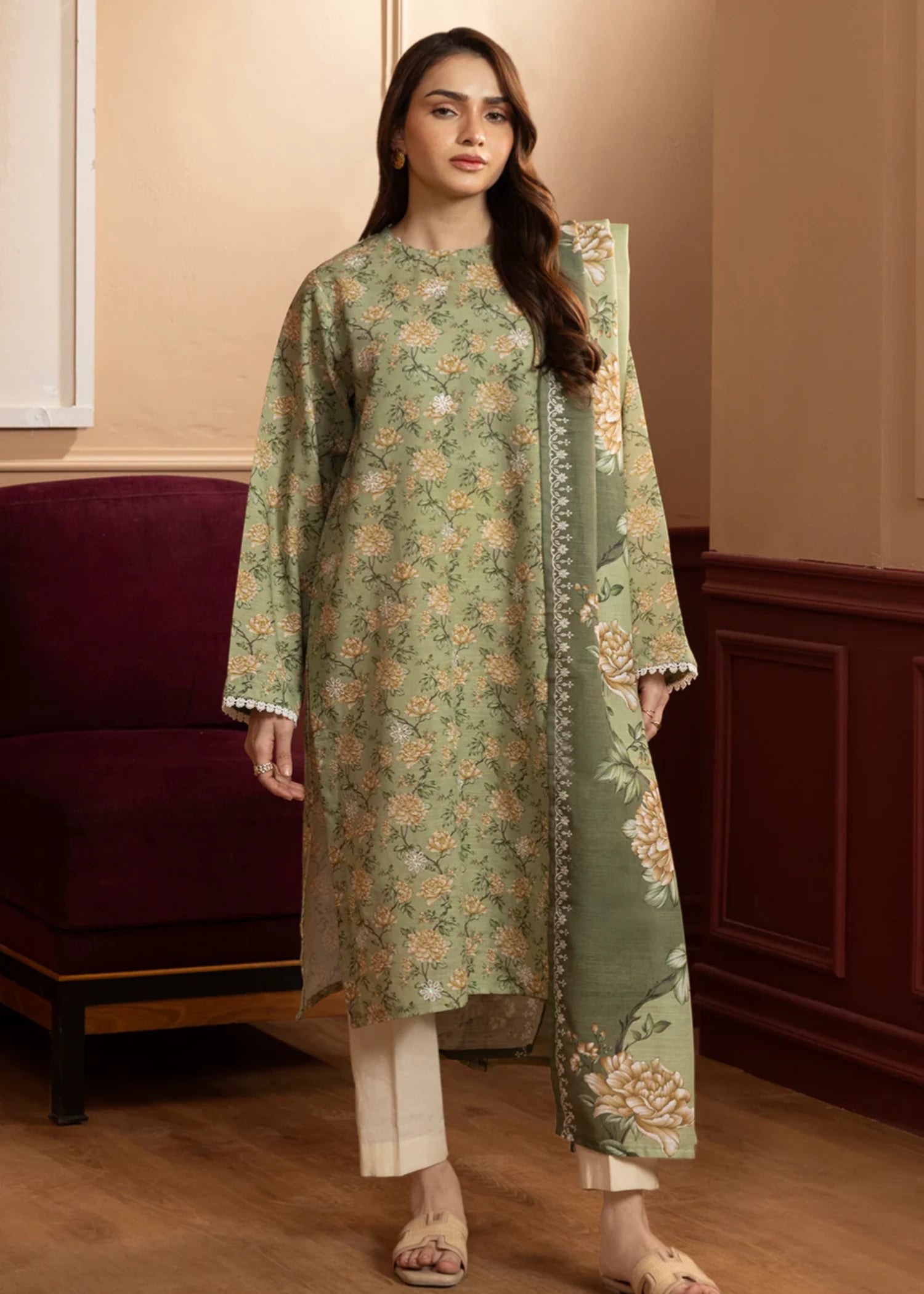 khaddar Kurta Set in Sage green