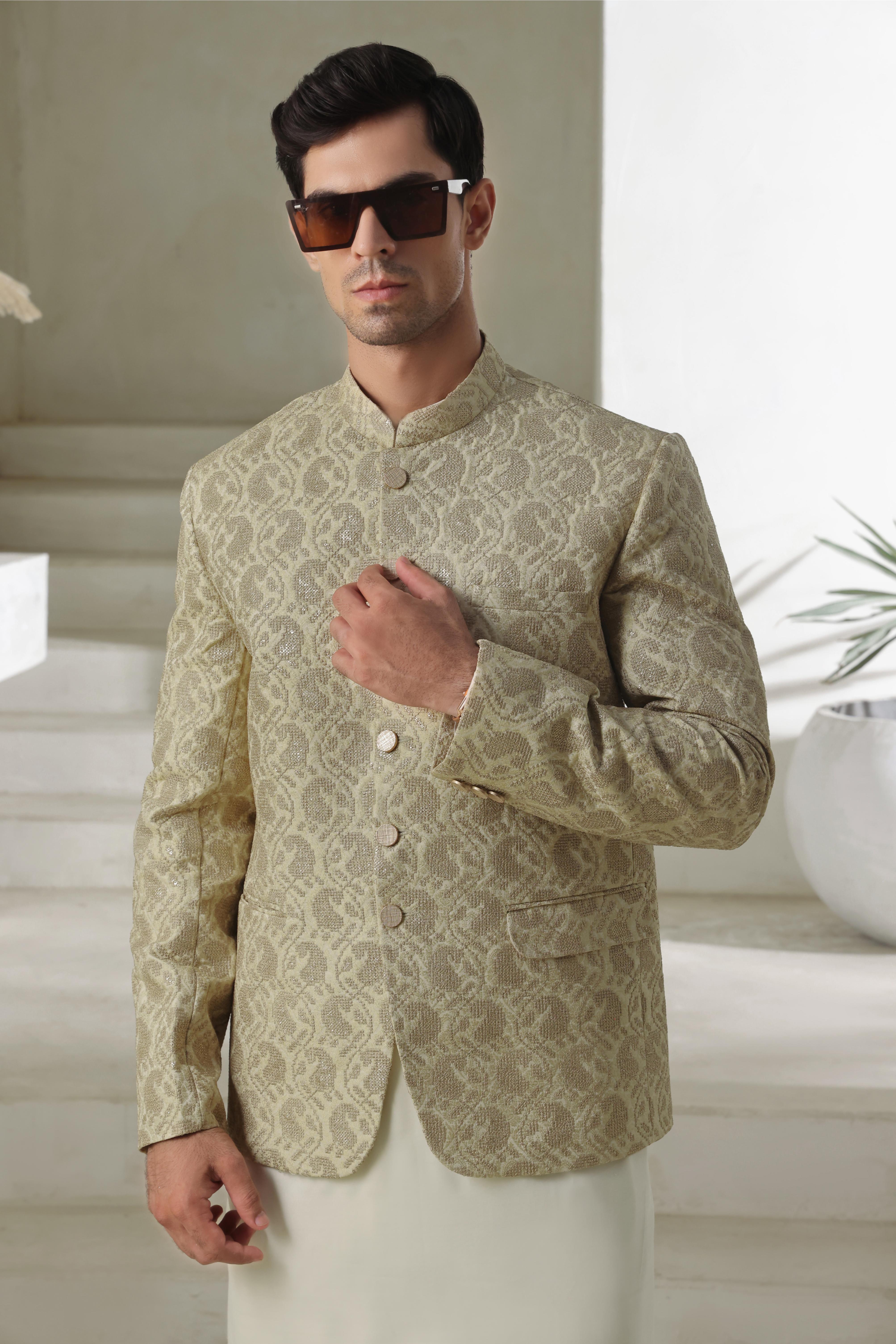 jamawar Prince Coat in Tea green