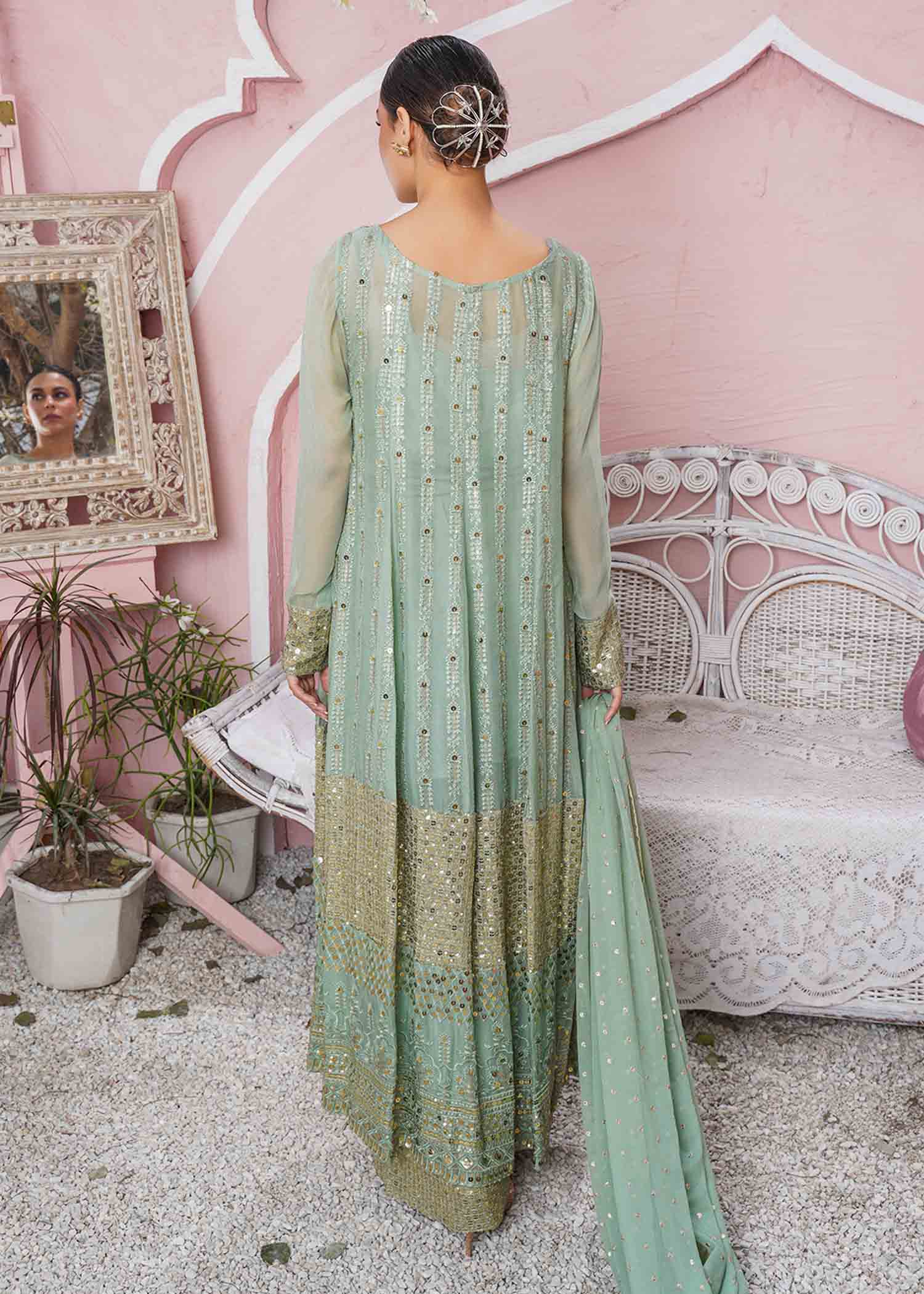 chikankari cotton Gown in Mint green
