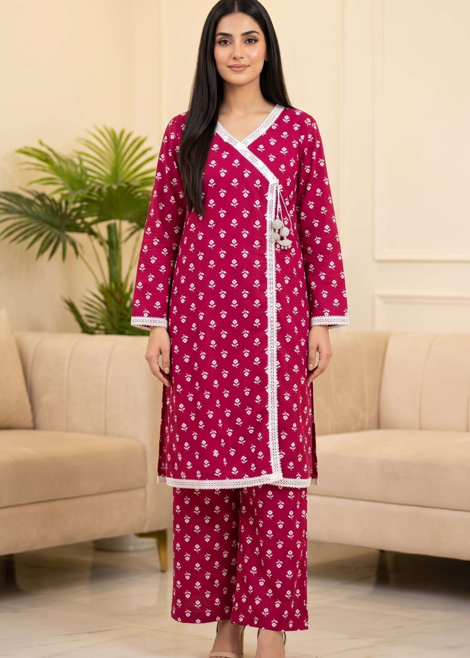 lawn Angrakha in Hot pink